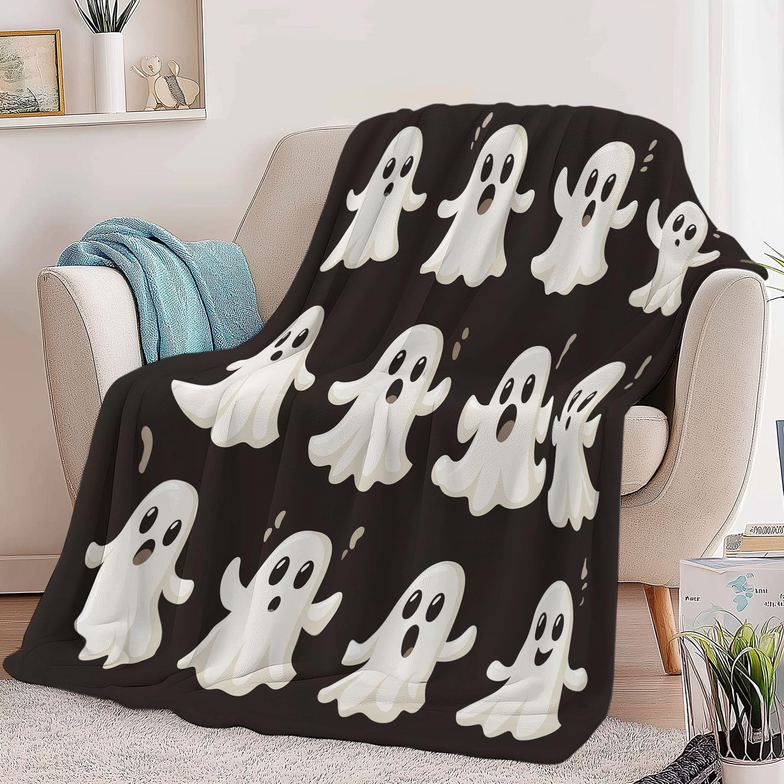Générique Koc w kratę 150 x 200 cm Małe duchy na Halloween to gracze, bardzo miękki koc flanelowy z nadrukiem, narzuta na sofę premium dla nastolatków i dorosłych, czarny