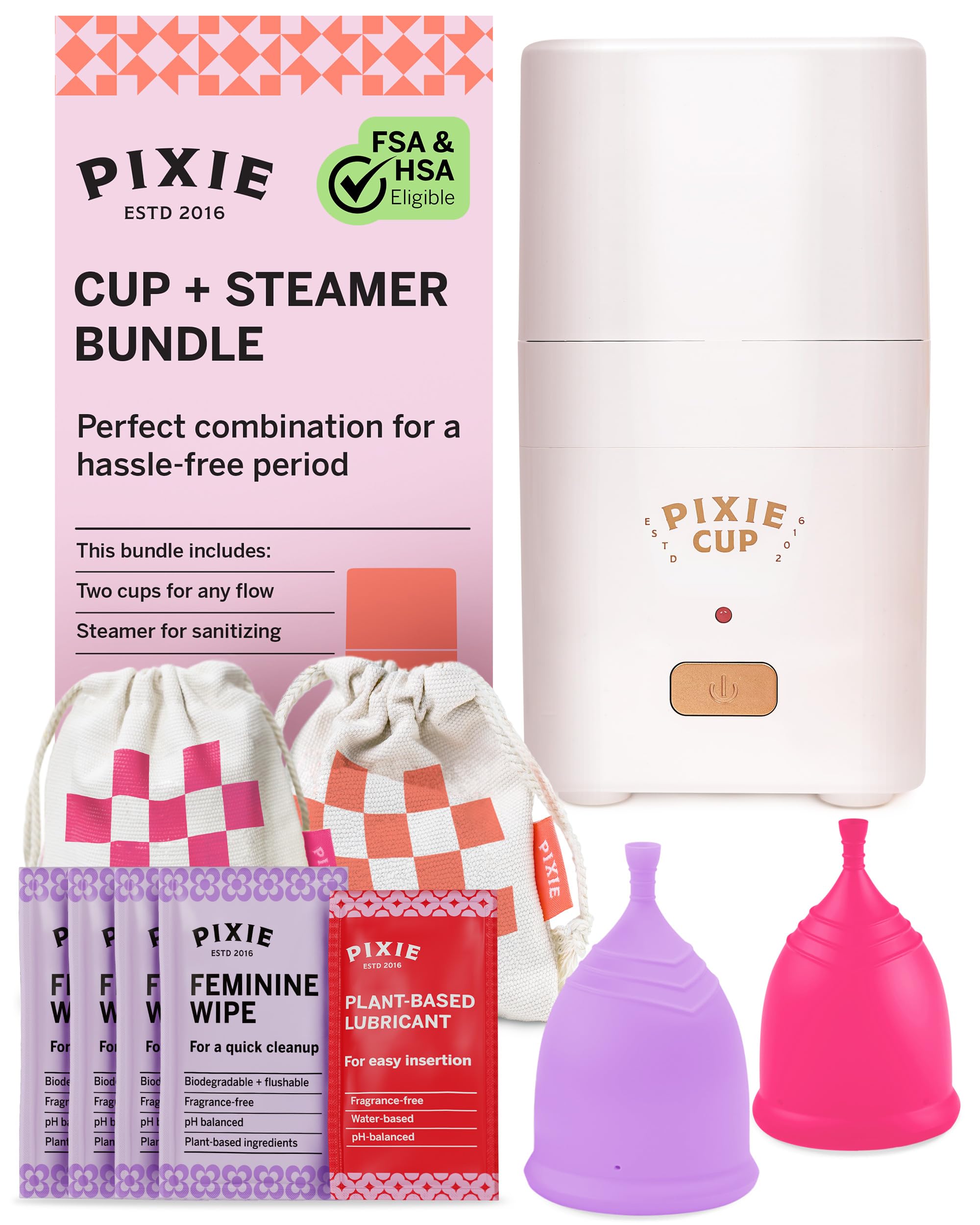 Pixie Menstrual Cups with Sterilizer - The Most Comfortable Soft Reusable Period Cup - Kills 99.9% of Germs with Clean Steam - Wash Your Cup in 3 Minutes! - Compact Sanitizer Kit for Feminine Care