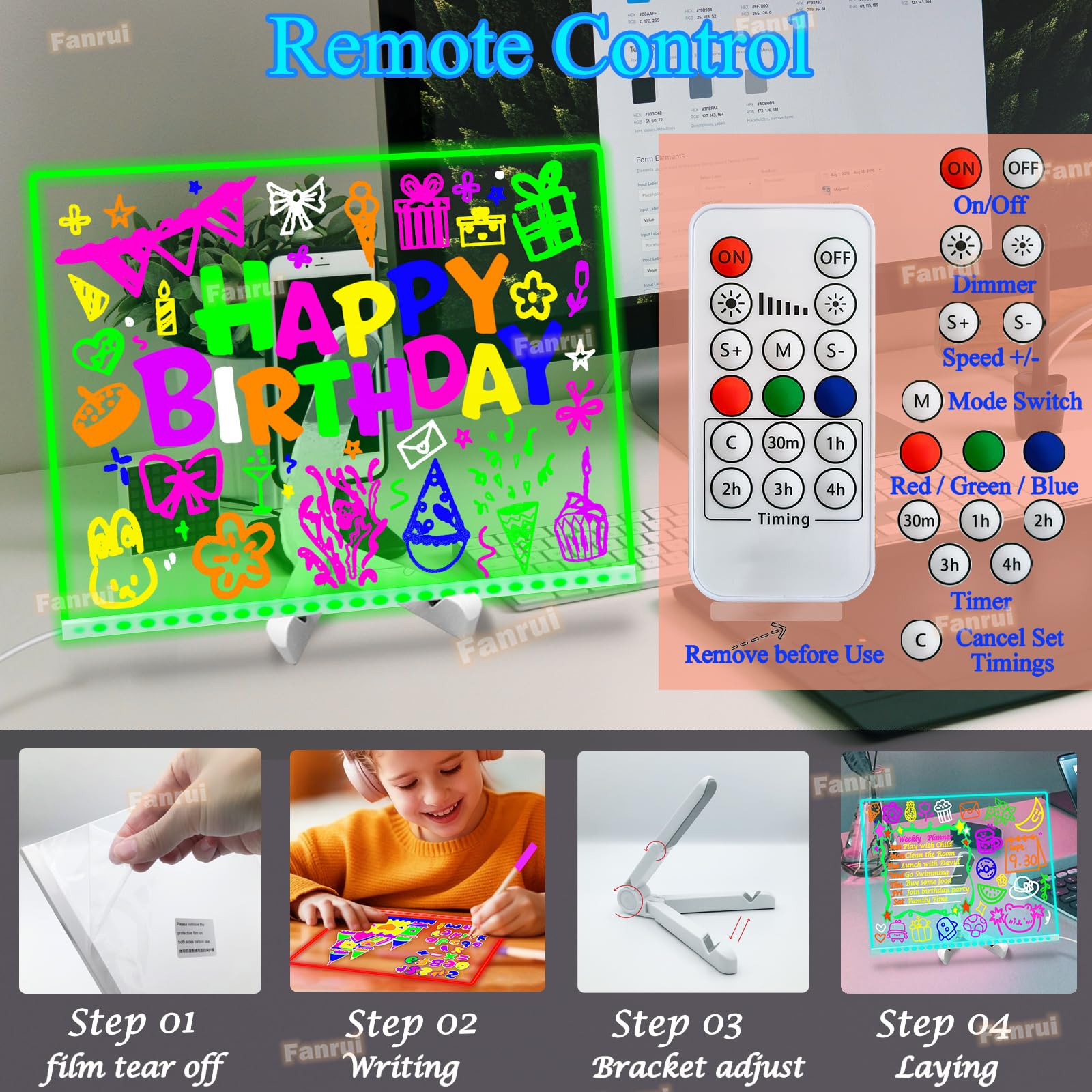 Fanrui LED-beleuchtetes Whiteboard, 40 x 30 cm, Fernbedienung, 7 Farbwechsel, Timer und Dimmer, trocken abwischbares Zeichenbrett für Kinder, leuchtender Memo-Planer für Büro, Schule, Zuhause
