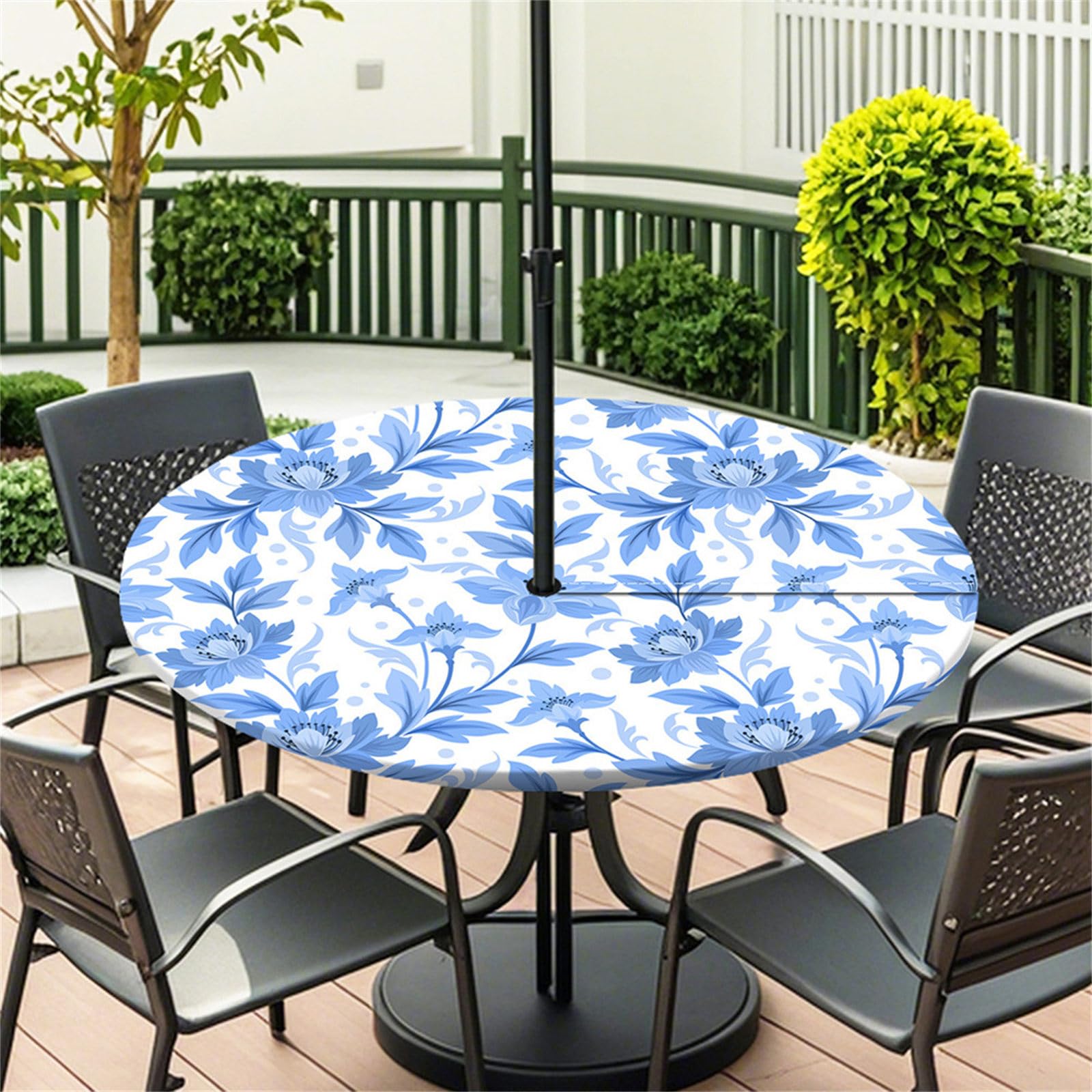 Fasbuy Outdoor Round Tablecloth with Parasol Hole and Zipper, Wipeable Table Cloth Waterproof, Vintage flower printing Tablecloths Elastic Edge for Patio Garden (Blue 2,L)