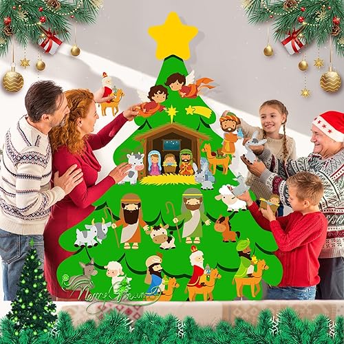 Miniatura 4 de Alessia Cara Árbol de Navidad de fieltro para niños pequeños con 27 adornos desmontables, decoración para colgar en la pared para puerta de Navidad,