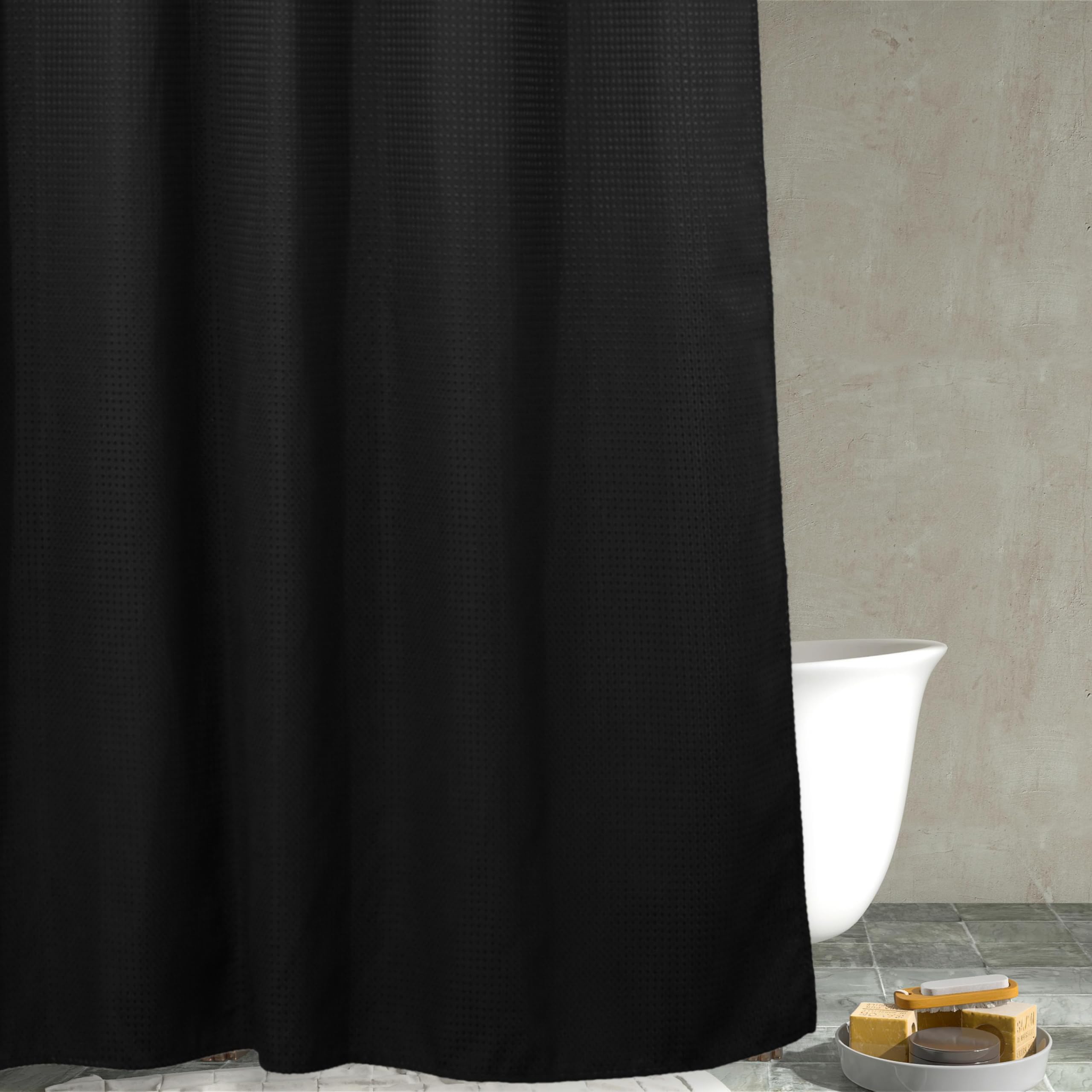 Popkozzi Black Waffle Weave Shower Curtain: Heavy Duty Textured Fabric Shower Curtain for Bathroom