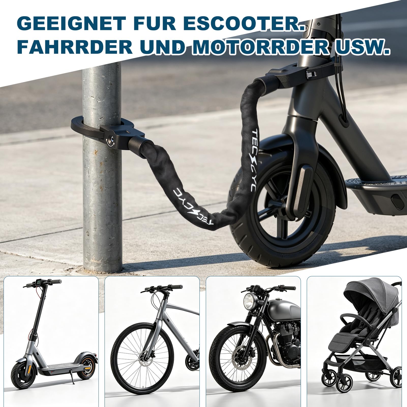 TECHCYC E-Scooter Schloss 8mm | Handschellenschloss 3 Stufen Verstellbare | Gehärteter Stahl | gegen Bolzenschneider | mit 2 Schlüsseln | für E-Scooter, Fahrrad & E-Bike