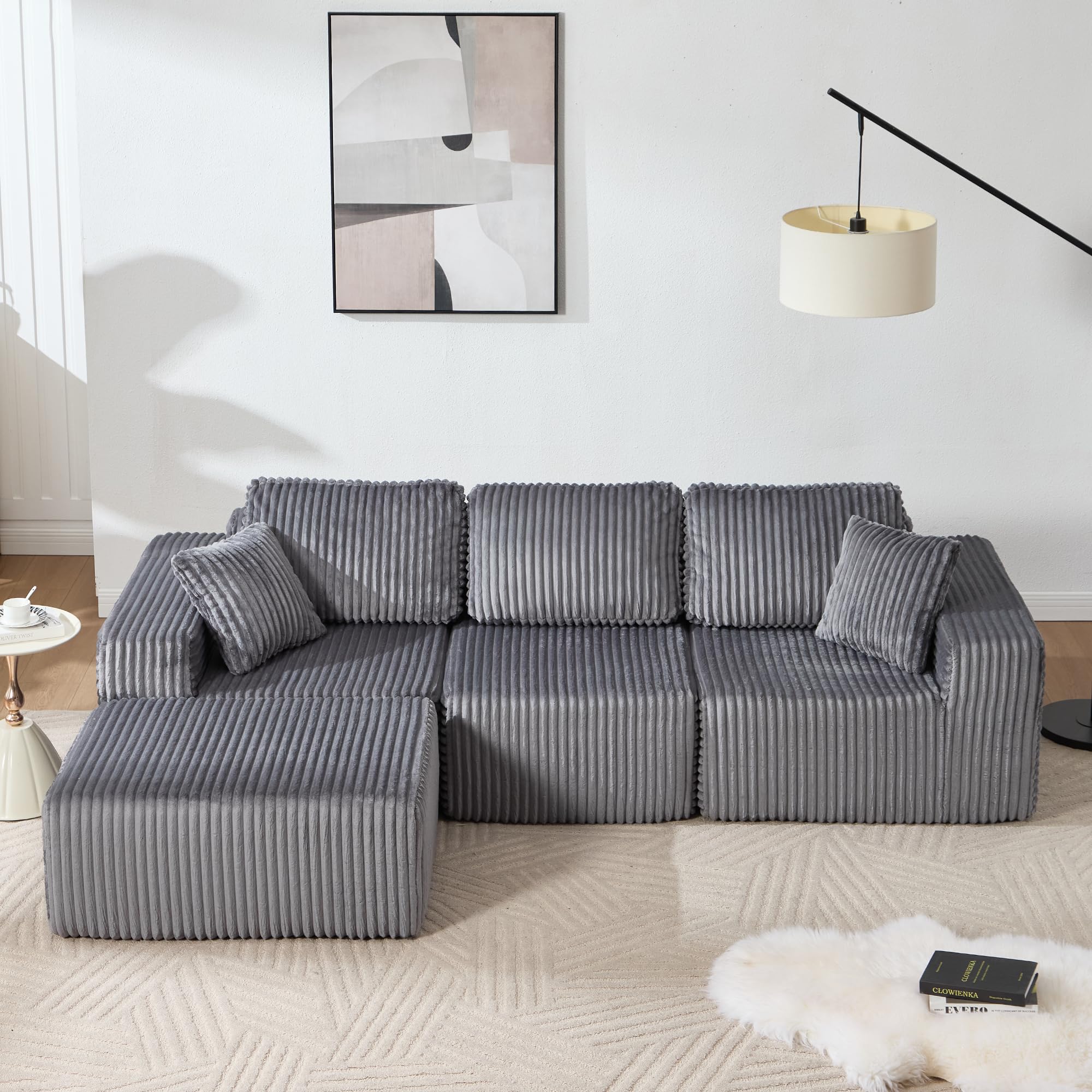 Modular Sectional Sofa, Cloud Sectional Couch with Deep Seat, Comfy Fluffy L Shaped Couches, Memory Foam Sofa with 1 Ottoman, Corduroy Boneless Couch, No Assembly Required,( 2-boxes)