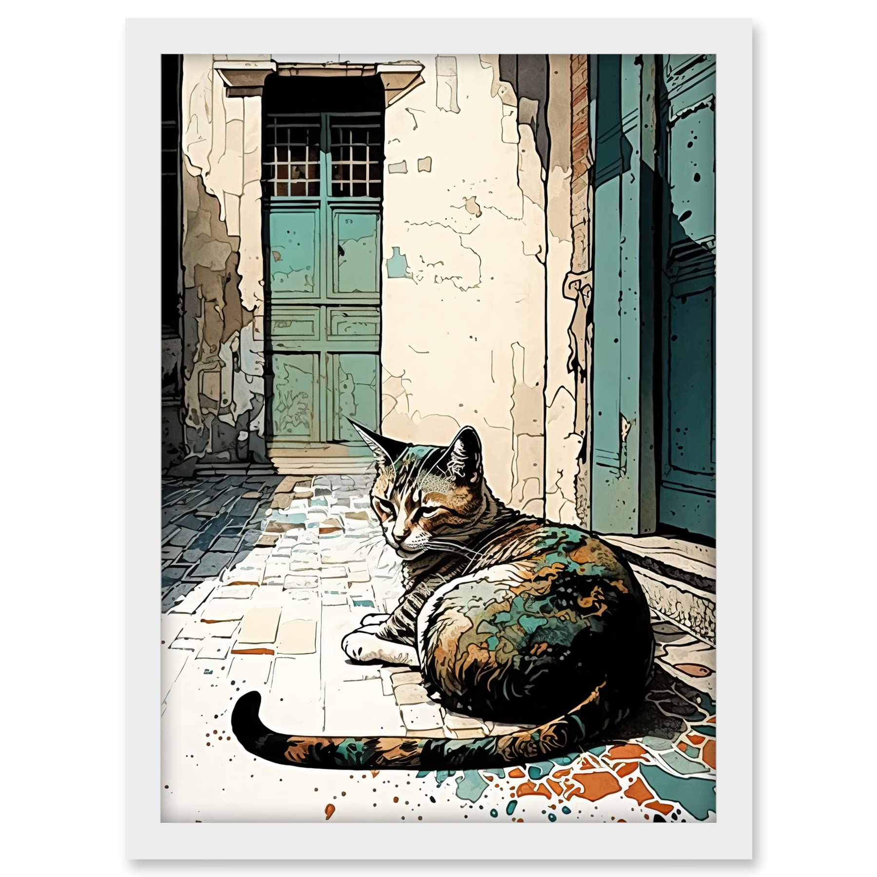 Artery8 Street Cat Sunbathing on Cobblestone Street Modern Illustration Artwork Framed A3 Wall Art Print