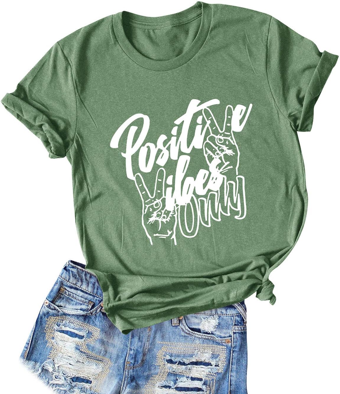 Nlife Women Positive Vibes Letter Victory Sign Short Sleeve Casual Tee Shirts
