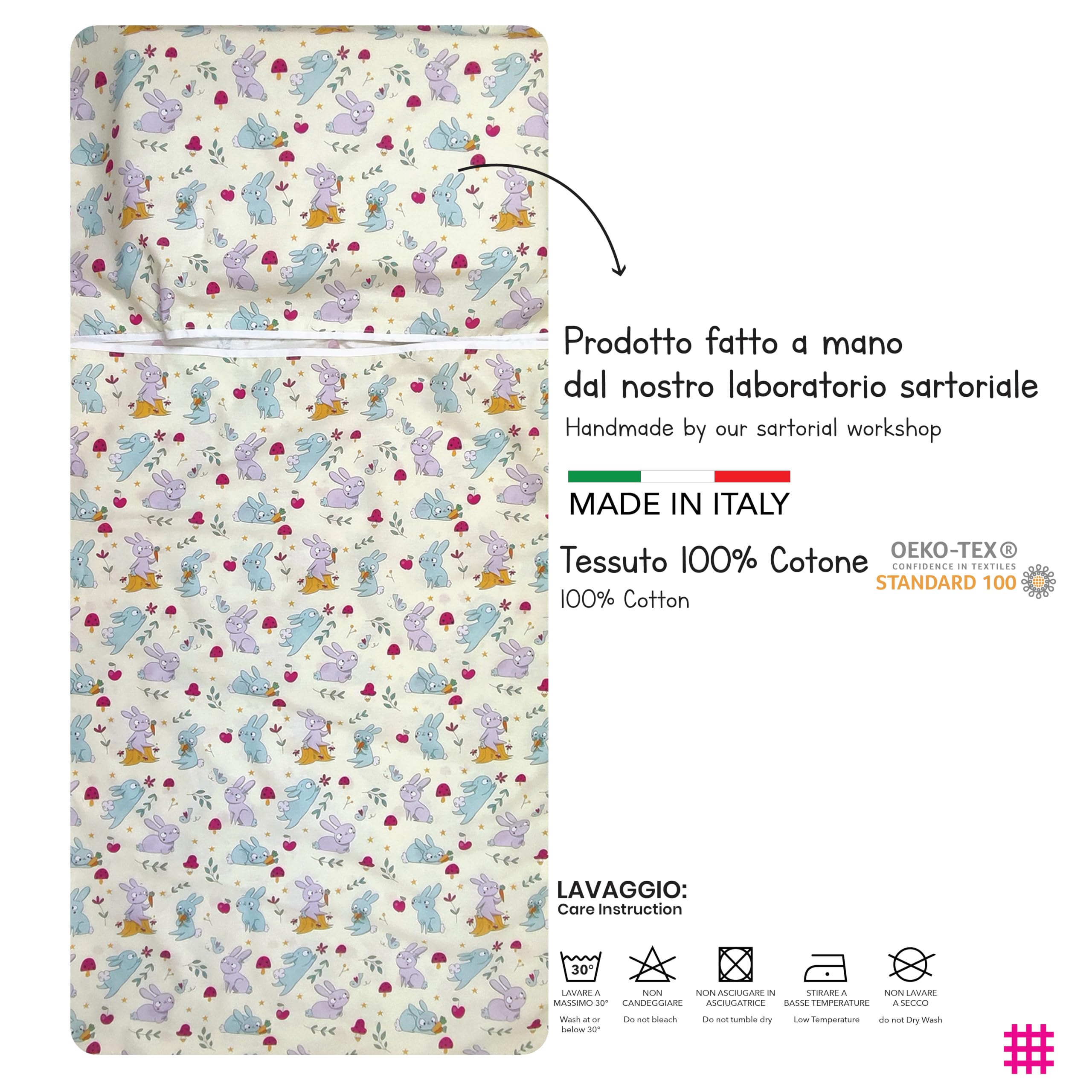Letnia torba Nanna dla dzieci i Bimba od 2 do 6 lat - 100% bawełna - Made in Italy (Sacco Nanna króliczki)