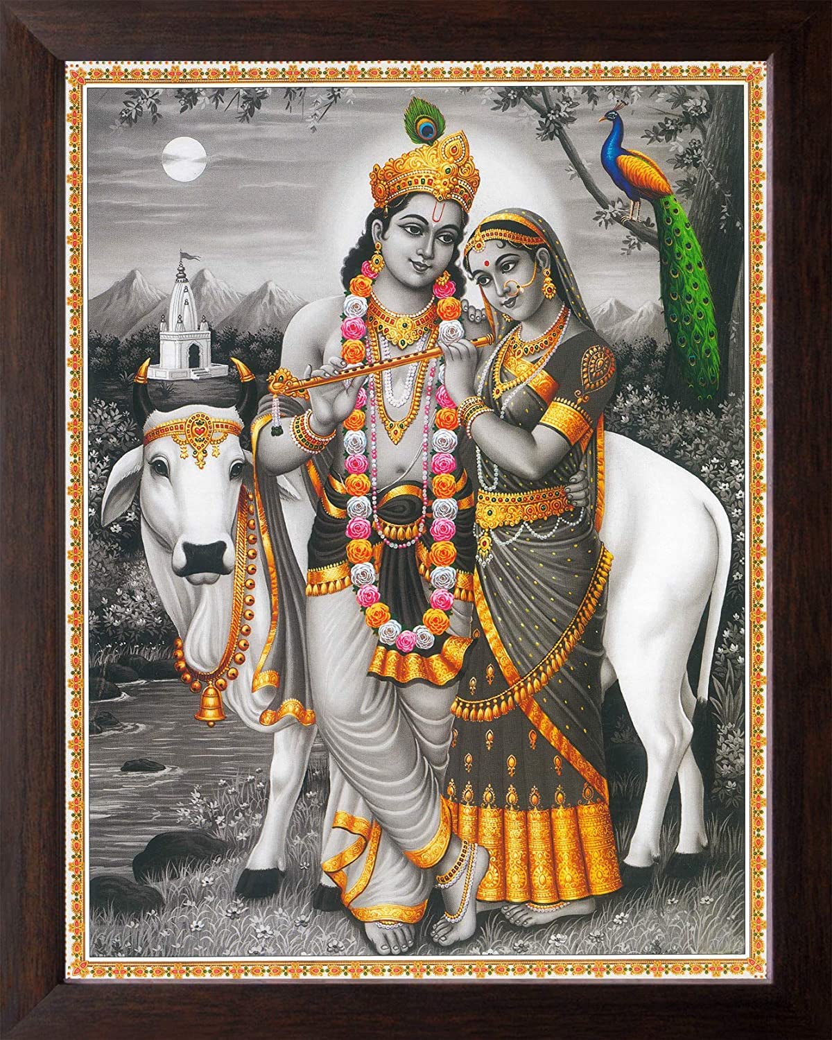 Shree Krishna and Radha Playing with Flute with his Cow HD Printed Picture Painting with Brown Wood Frame (30 X 23.5 X 1.5 cm)