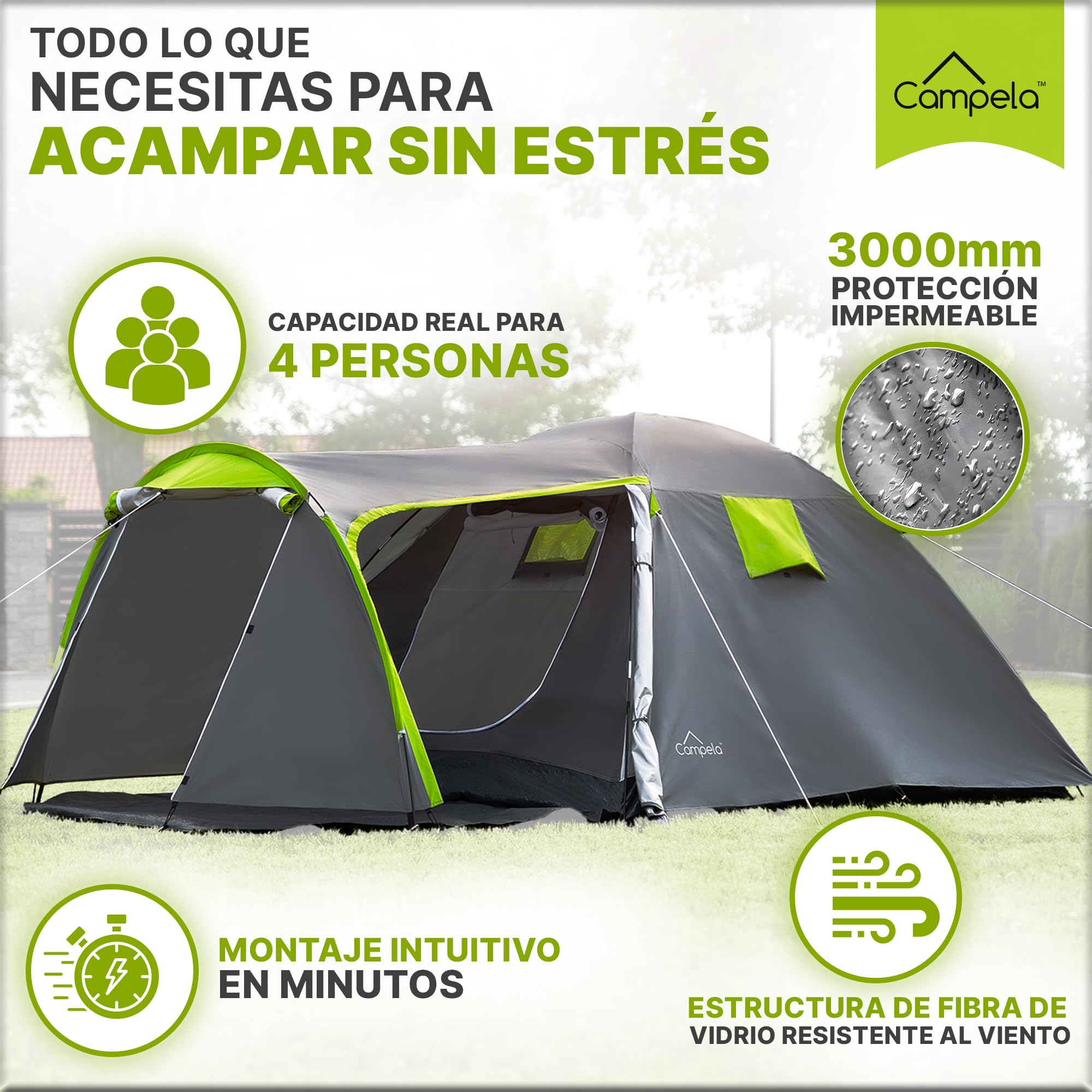 Tienda de Campaña, Tienda campaña Familiar - Tienda de campaña 4 Personas, Modelo Tropical-4", Impermeable 3000m, Costuras Selladas, CA0013