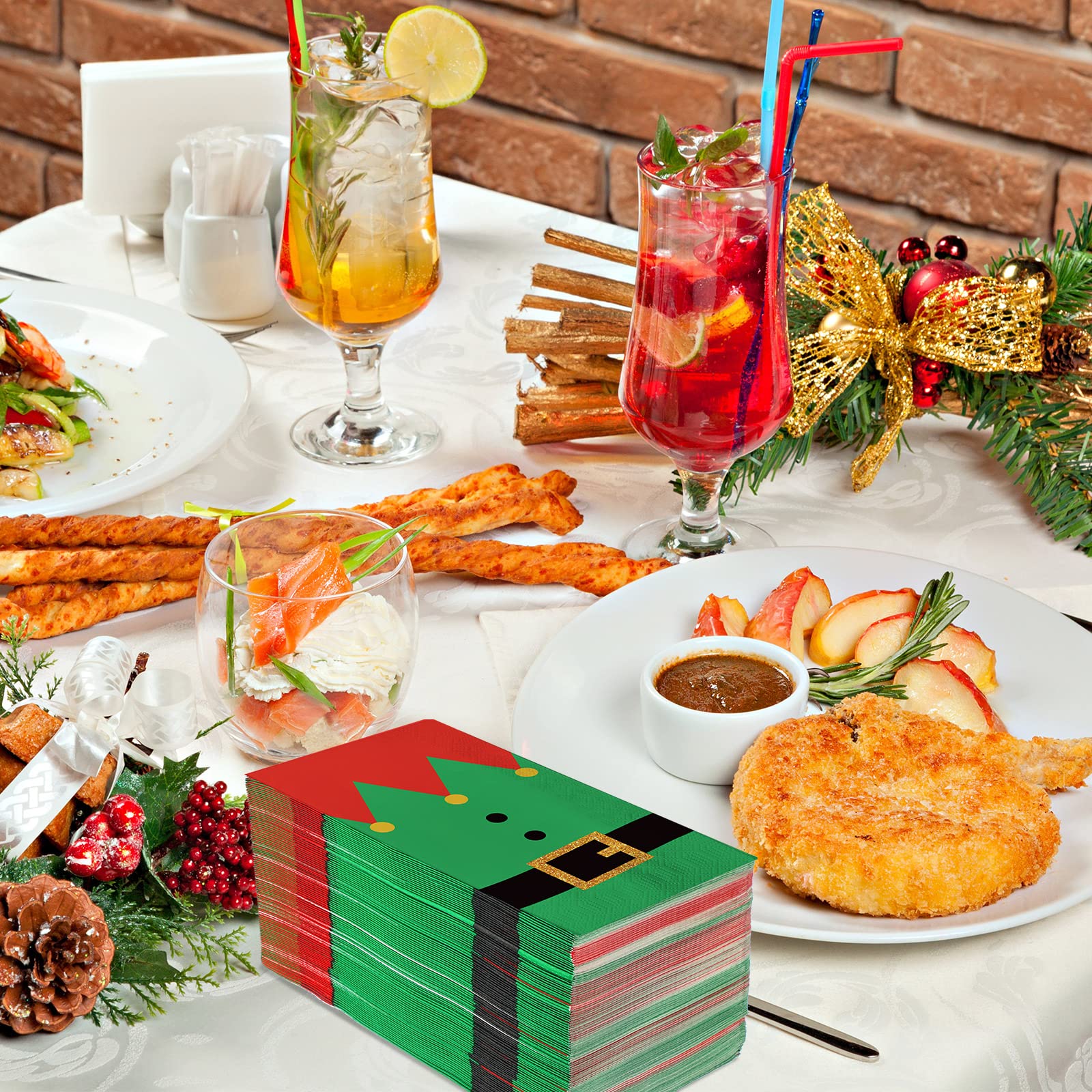 Lot de 200 serviettes de Noël jetables en papier 3 plis pour invités de Noël - Fournitures de fête d'hiver, décorations de table (style elfe)