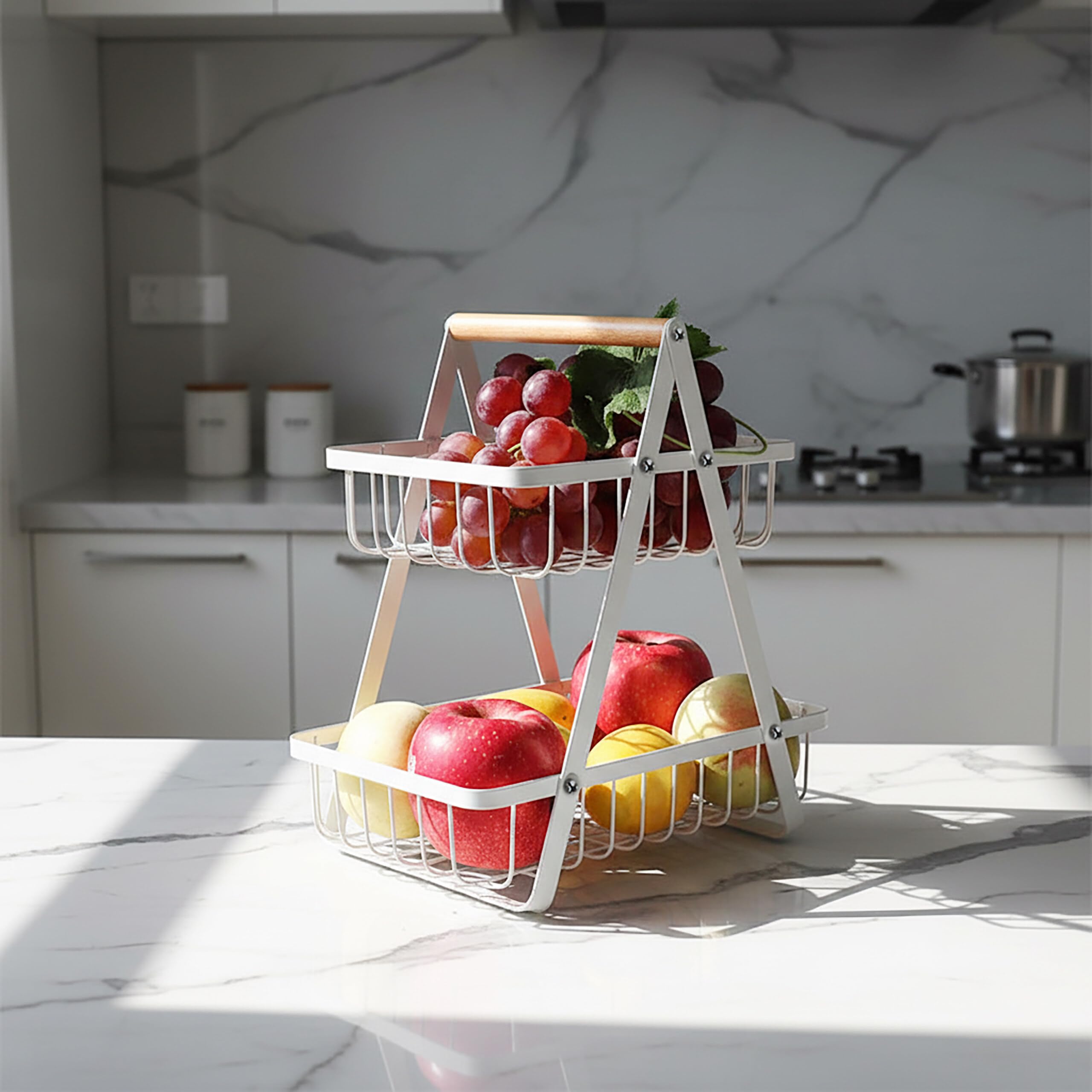 Relaxdays Alzata per Frutta, 2 Piani, Metallo, Manico in Legno, HxLxP: 34 x 26 x 17 cm, fruttiera, Bianca