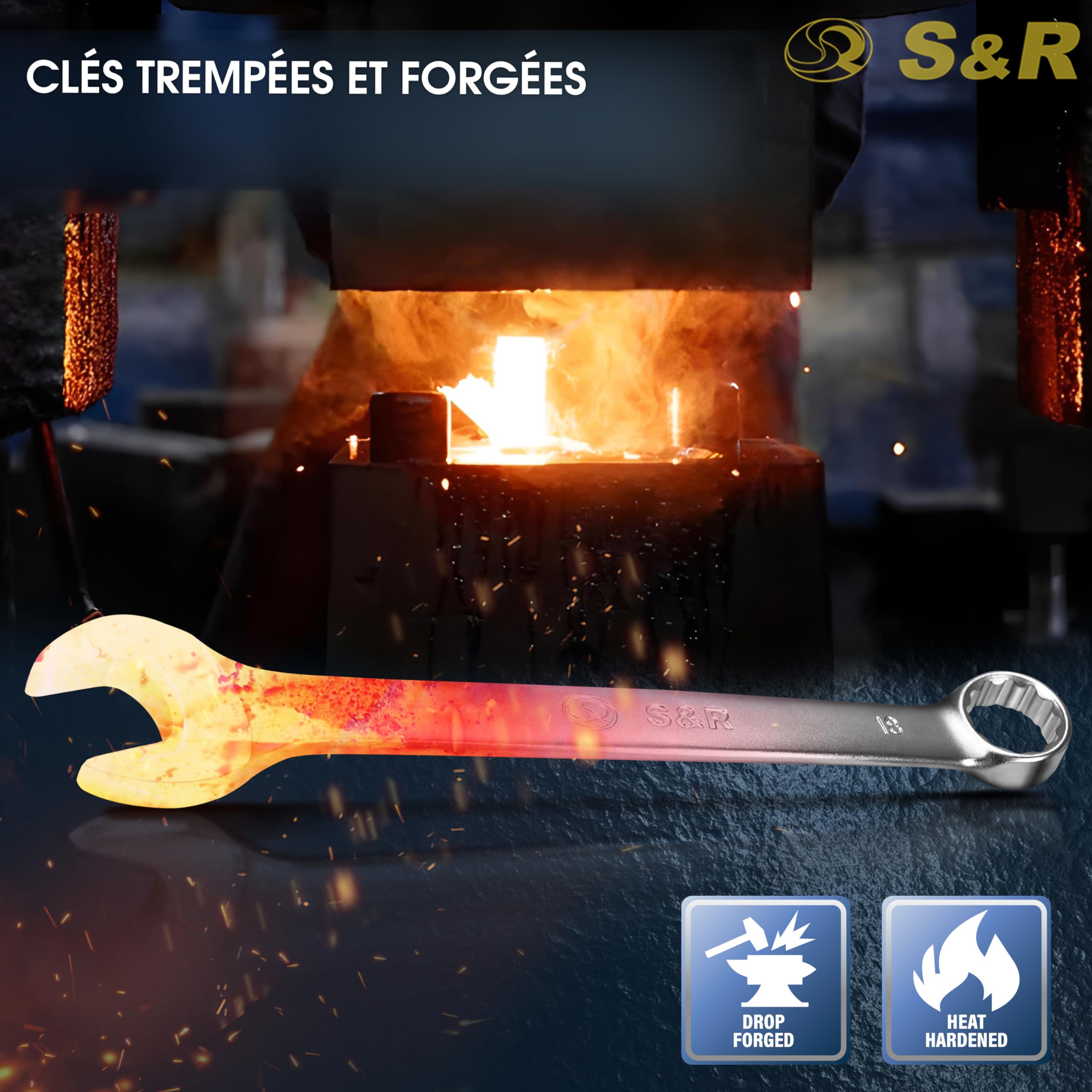 S&R Cle Plate 6-22 mm. 15 Clés Mixtes Clés Plates à Fourche et Anneau. Jeu de Clef Polygonales outillage mecanique auto Qualité Industrielle