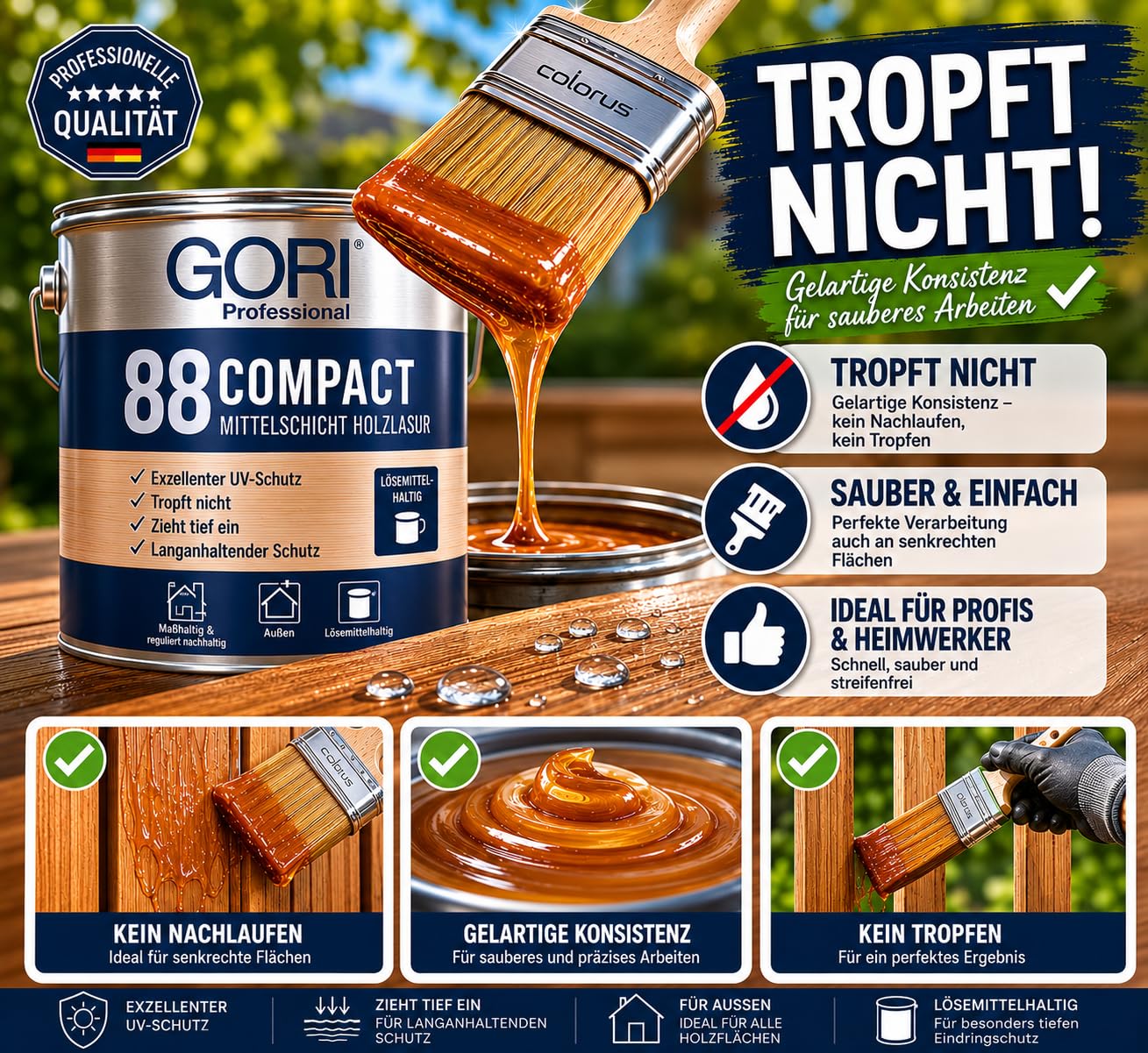 GORI 88 Premium Holzlasur außen, Eiche Hell, 2,5 L + Profi Pinsel | Holzschutzlasur außen wetterfest & Lasurpinsel I Wetterschutzfarbe Holz außen & Garten I Holzfarbe außen wetterfest
