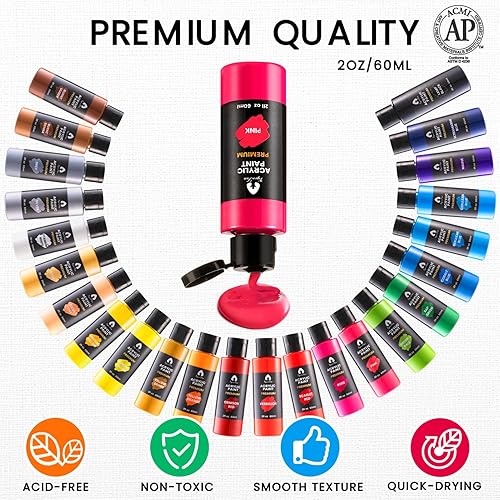Miniatura 3 de Juego de 40 piezas de pintura acrílica con 12 pinceles, 2 cuchillos y paleta, 24 colores (2 oz2.0 fl oz), pinturas artísticas, regalos para adultos,