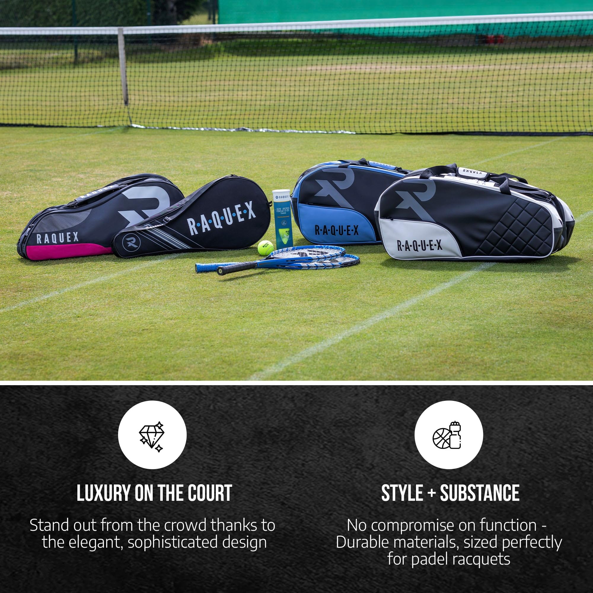 Raquex Elite - Borsa per 6 racchette da tennis, in pelle sintetica, trapuntata, con fodera termica, scomparto per scarpe, badminton, squash, per uomo e donna
