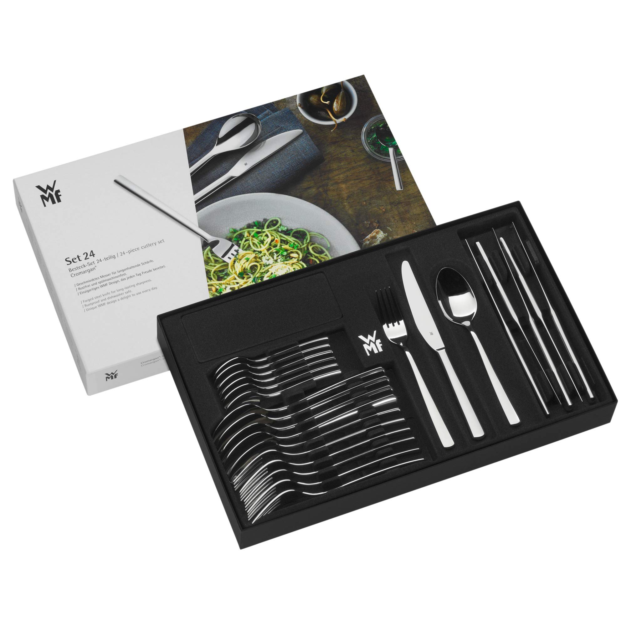WMF Boston Edelstahl Besteck Set 6 Personen, Essbesteck Set 24 teilig, Monobloc-Messer, Cromargan Edelstahl poliert, spülmaschinenfest