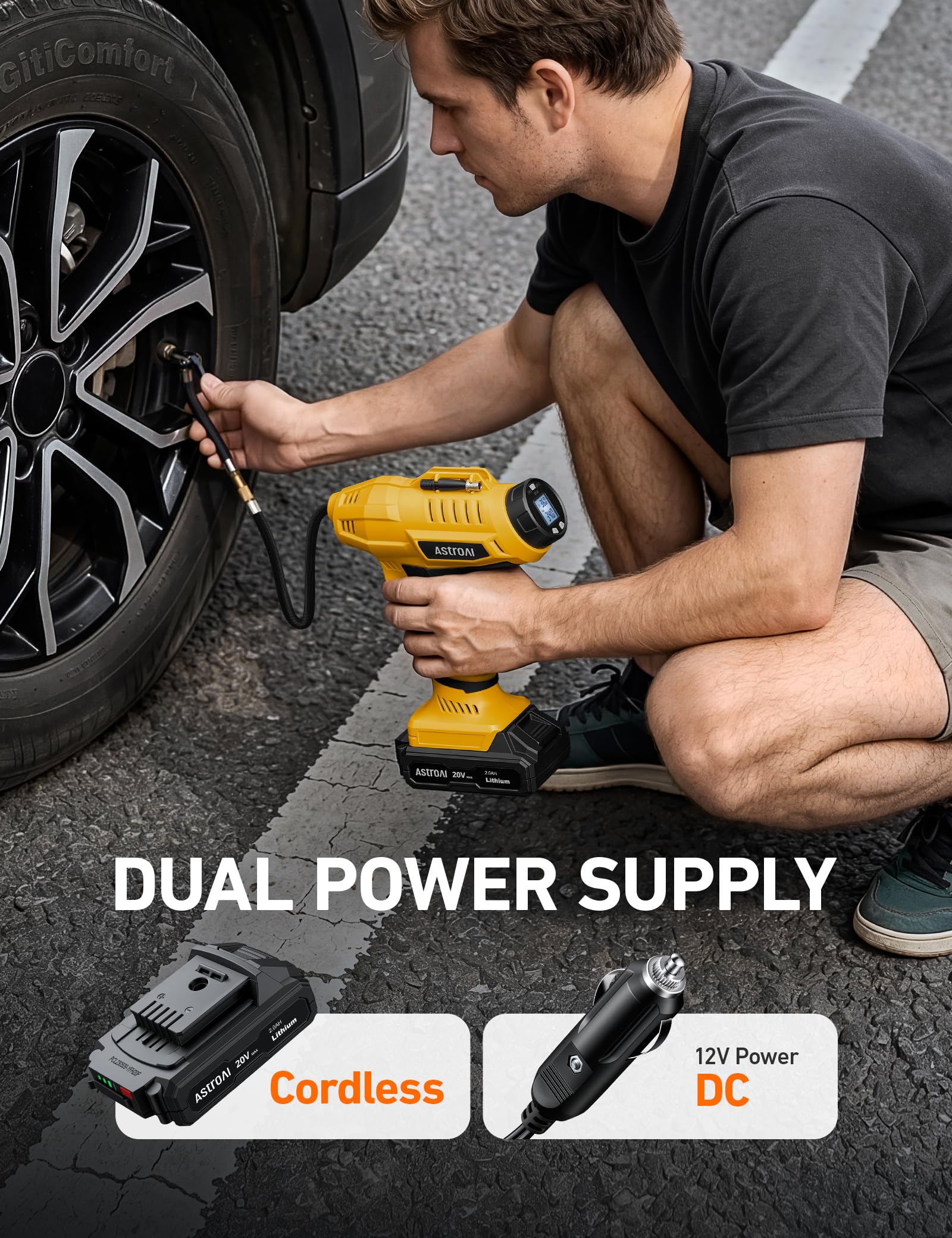 AstroAI Compresseur d'air 2 en 1 à cylindre métallique 20V batterie & 12V alimentation voiture Compresseur électrique portable sans fil 160PSI Pompe à air numérique pour voitures motos