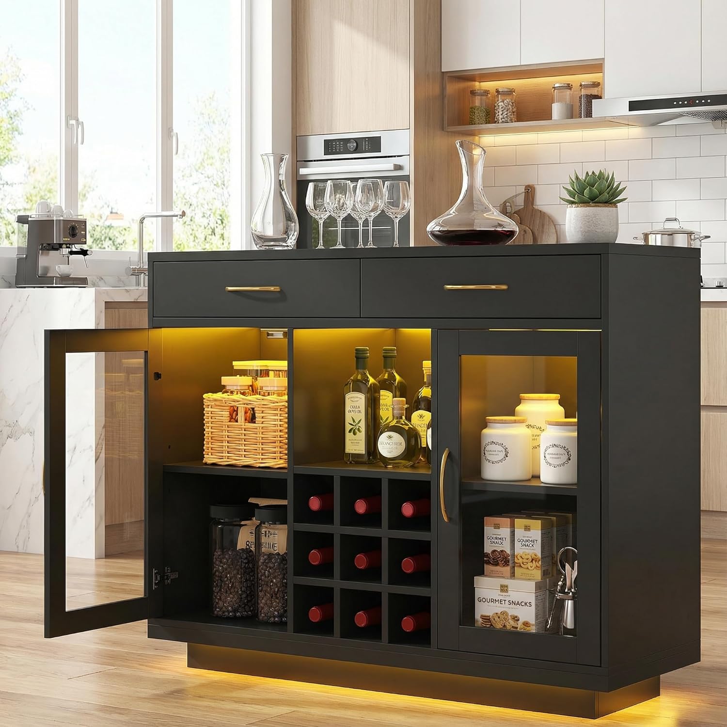 Wine Bar Cabinet with LED Lights, Black Liquor Cabinet Bar Cabinet, Coffee Bar Cabinet with Glass Rack, Kitchen Buffet Sideboard with Storage for Living Room, Dining Room