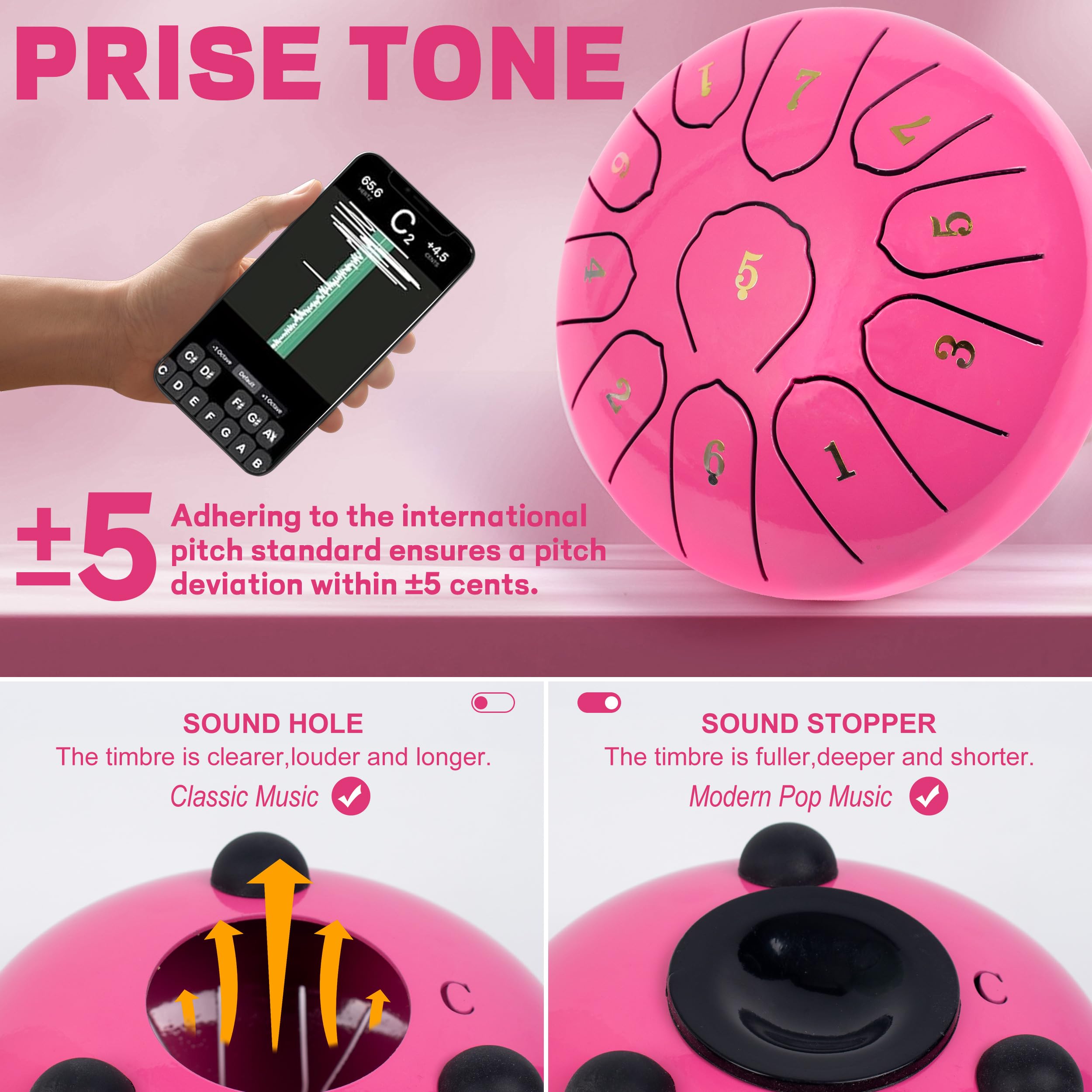 Regentrommel für Draußen Stahlzungentrommel Instrument für Yoga und Meditation - 6 Zoll 11 Töne C-Dur(Rosa)