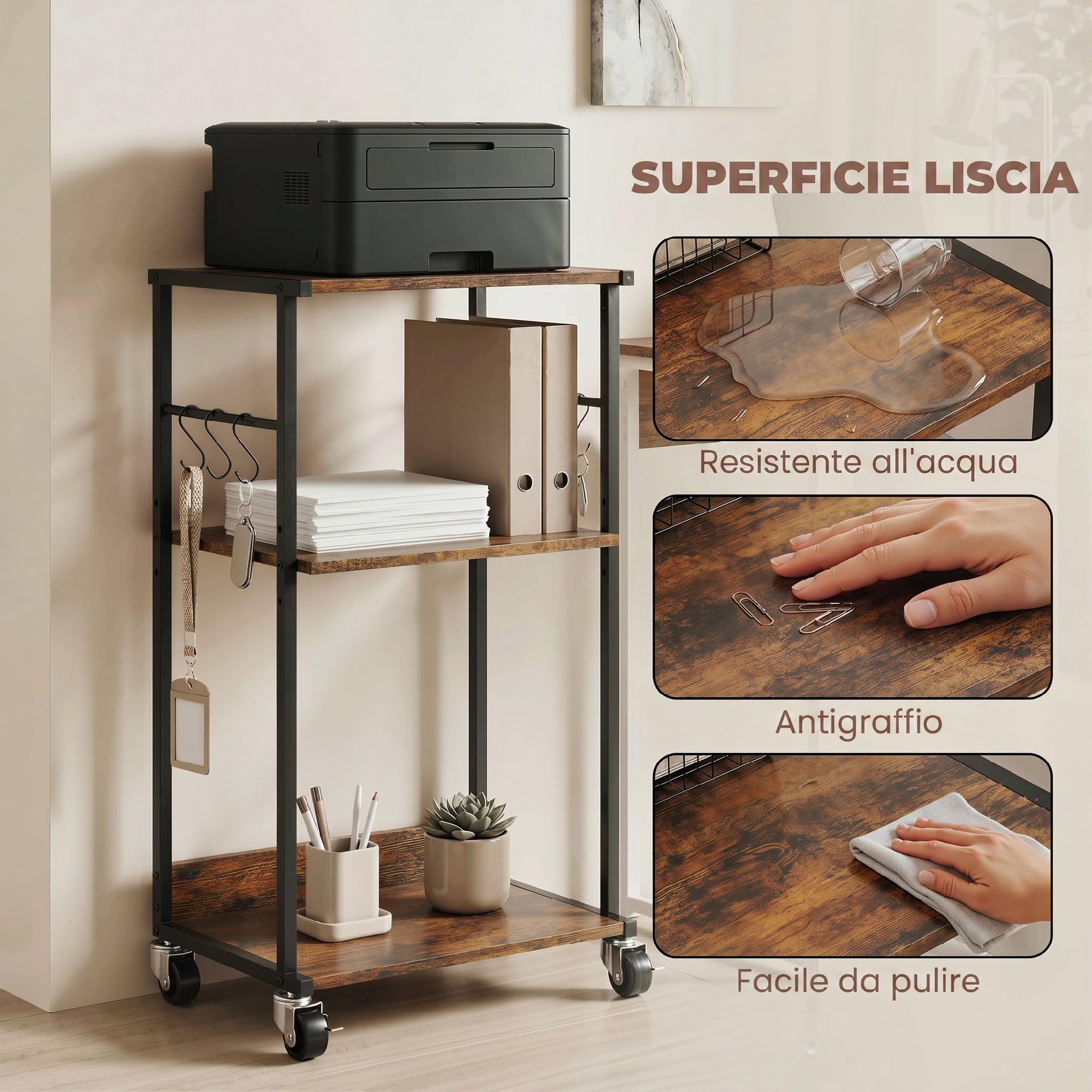 HOMCOM Carrello Porta Stampante a 3 Livelli, Supporto Stampante con Ruote con Freno e 6 Ganci, Salvaspazio in Metallo e Legno, per Casa, Studio, Ufficio, Industriale, 43x30x82cm, Marrone Rustico