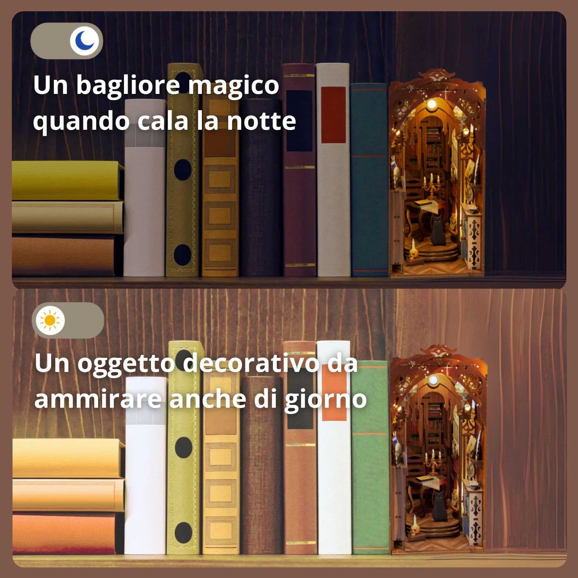 Book nook angolo fai da te casa delle bambole, casa in miniatura per adulti puzzle in legno 3D e fermalibri set creativo per la decorazione della libreria con LED regalo Libreria magica