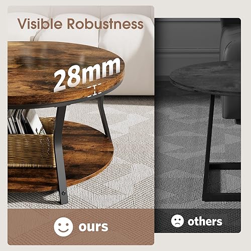 Miniatura 5 de Mesas de centro redondas para sala de estar, mesa de centro circular de madera, mesa central industrial moderna de 2 niveles con mesa gruesa y marco