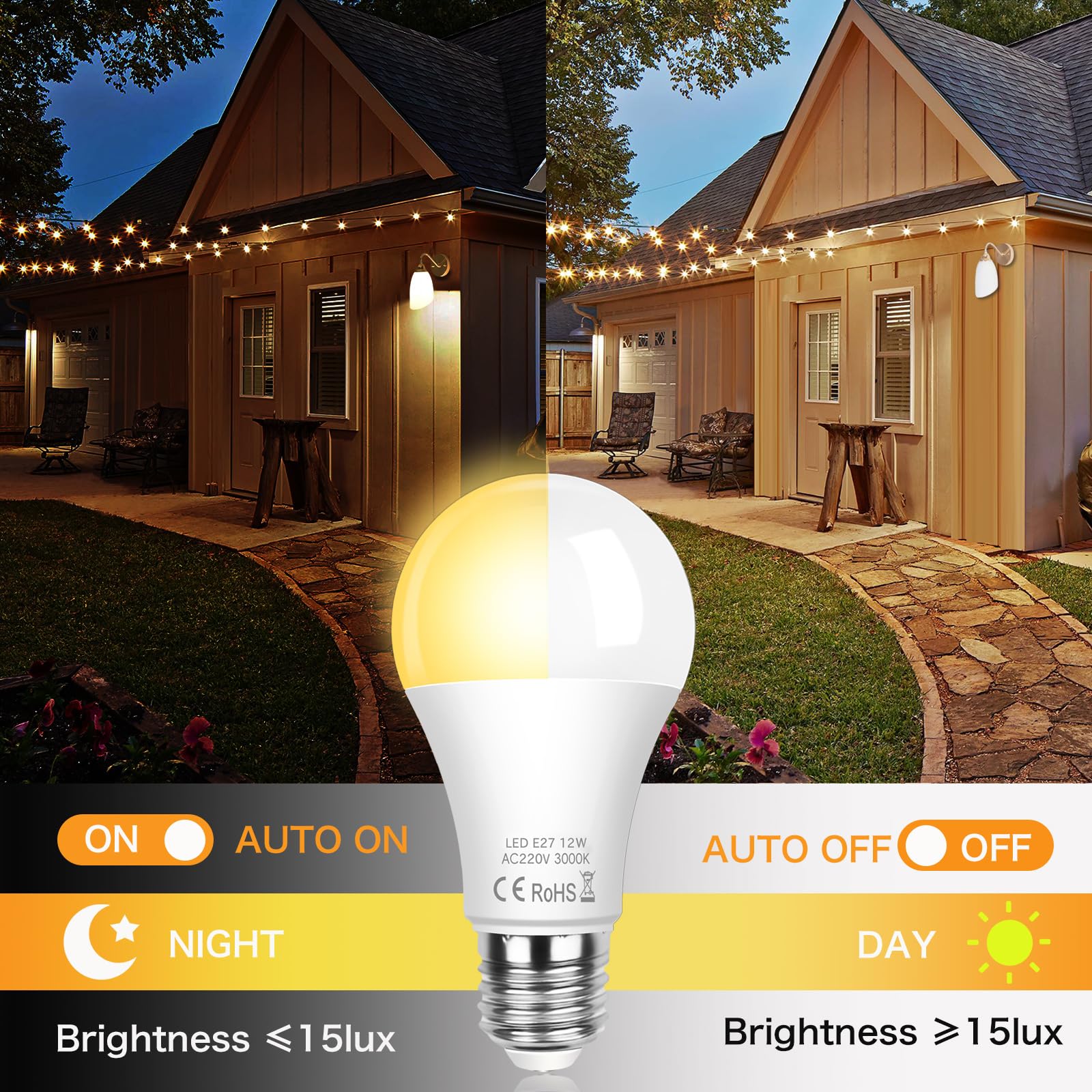 SCNNC LED Dusk Till Dawn Sensor Light Bulb ES E27 A60 12W, Automatic ON/Off, Warm White 3000K Light Sensitive Bulbs Outside - Image 3
