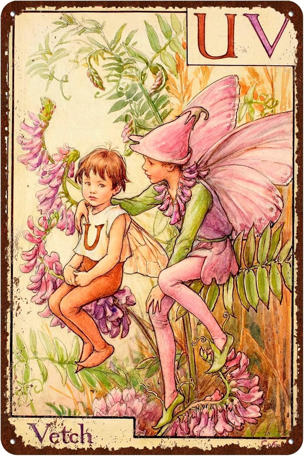 Ahee Tin Sign 089 Flower Fairy Signs Vintage Garden Tin Signs Vetch - Letter V Wall Decor Metal Signs - Retro Fairy Garden Decor Size 12