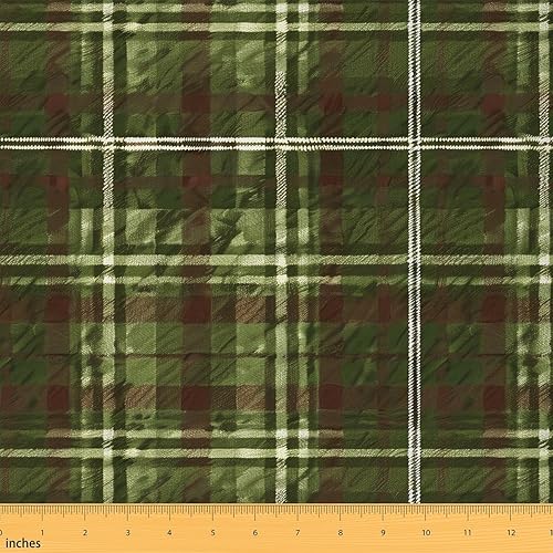 The Yard - Tela de cuadrícula retro para sillas, tela de tapicería de retazos a cuadros verde y marrón para artes, línea geométrica blanca,