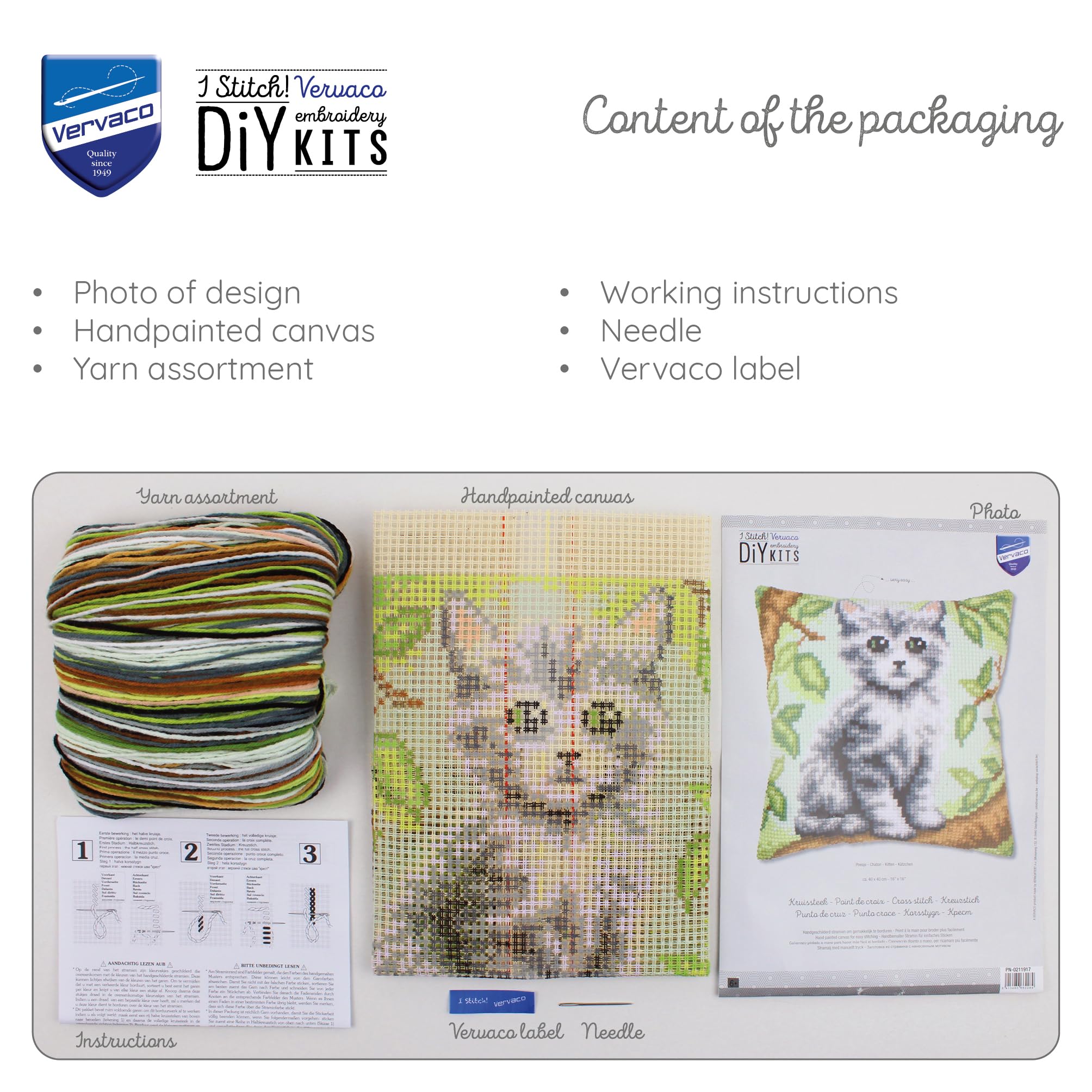 VERVACO Zestaw do Haftu Krzyżykowego Poduszka KOTEK Kanwa z Nadrukiem 40 x 40 cm Gruba Włóczka Akrylowa Zrób to Sam Dekoracja Domu DIY Cross Stitch Kit