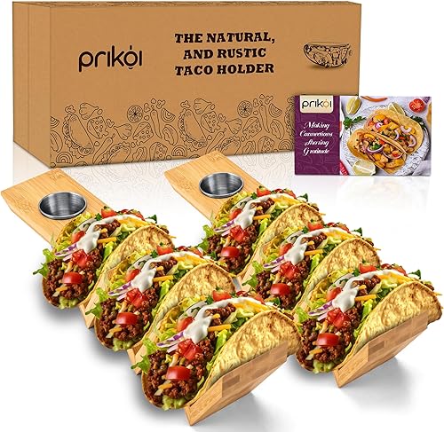 Prikoi Soportes para tacos con cuenco para salsa, estilo de bandeja de bambú para tacos, placa de exhibición de tacos de grado alimenticio, 2