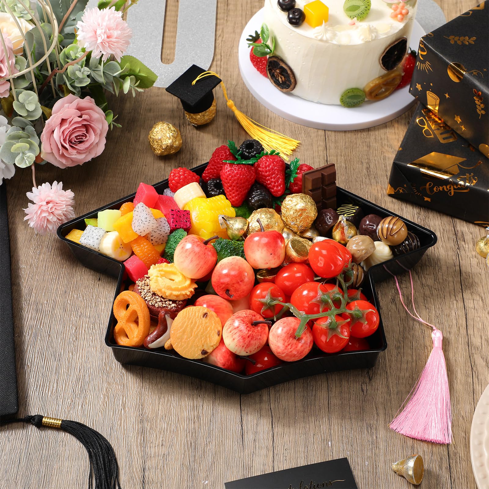 Tellingyou 2025 Graduation Plastic Cap for Charcuterie 13'' Fillable Trays with Tassel Disposable Plastic Mache Box Candy Tray Container for College Graduation Party Supplies(Black Cap, Pink Tassel)