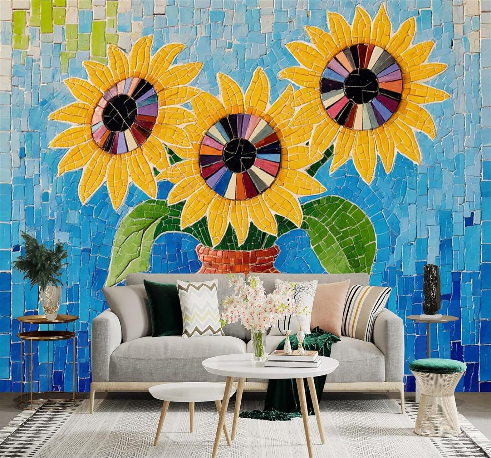 Xlming 300Cm×210Cm(B×H) Abstract Colourful Mosaic Sunflowers Vase Blue 3D Wallpaper Silky Texture Home Study Office Grey Dining Room Sofa Bedroom Living Room Tv Backdrop-300Cm×210Cm