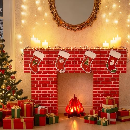 Miniatura 4 de Juego de 13 cajas de cartón de Navidad para decoración de chimenea, juego de cajas de cartón de ladrillo rojo artificial 3D, chimenea, fogata falsa,