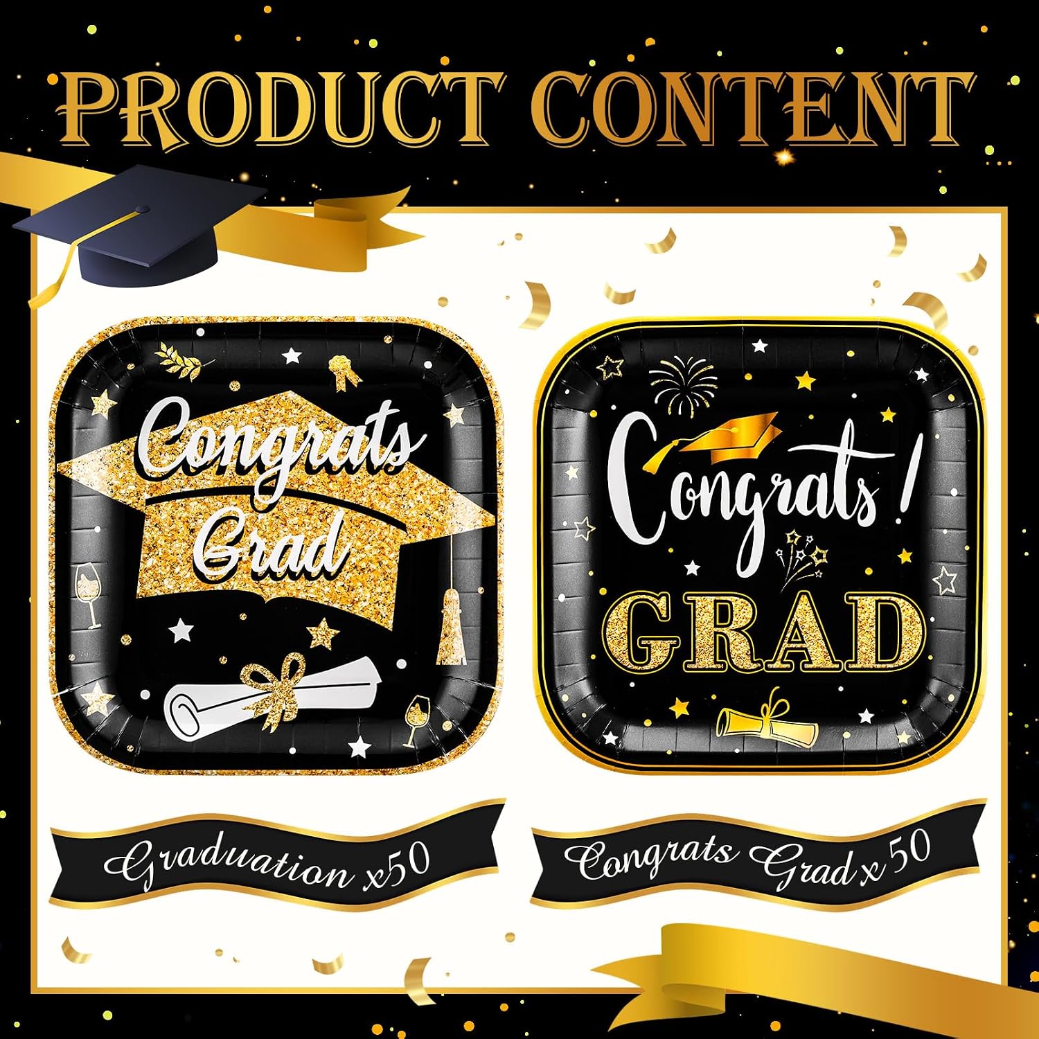 FoldTier 100 Pcs Black and Gold 2026 Graduation Party Plates 7 x 7 in Congrats Grad Dessert Paper Plates Class of 2026 Disposable Square Cake Decorative for Graduation Cocktail Party Supplies
