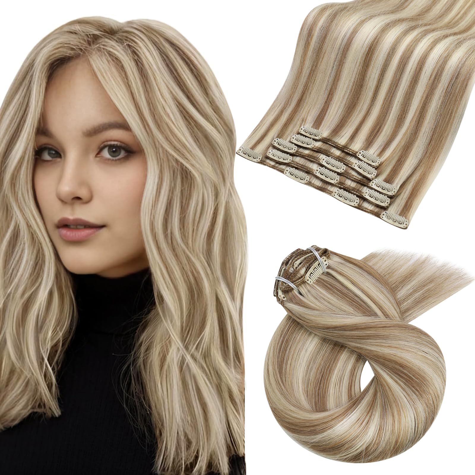 Moresoo Human Hair Extensions Clip in Real Hair Ash Blonde with Bleached Blonde Clip in Hair Extensions Remy Human Mid-length Hair Layered Add Volume 14 Inch 5pcs/80g #P18/613 — view 79
