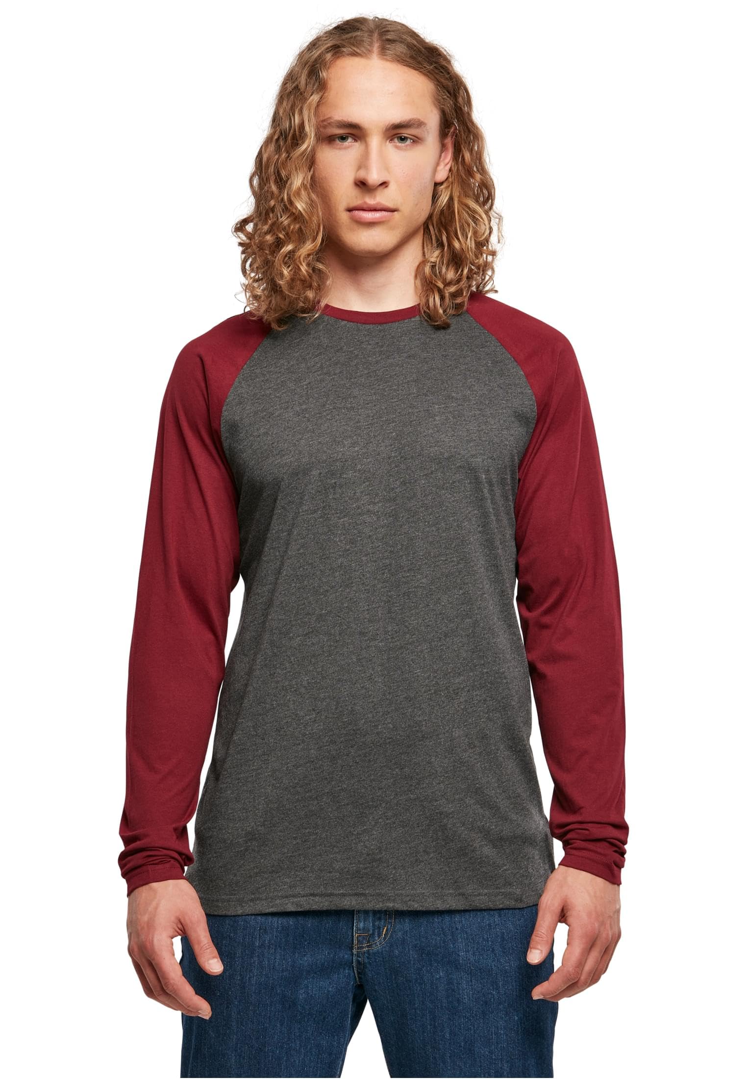 Build your Brand Mens Bb023-contrast Raglan Longsleeve T-Shirt, Charcoal/Cherry, 4XL UK