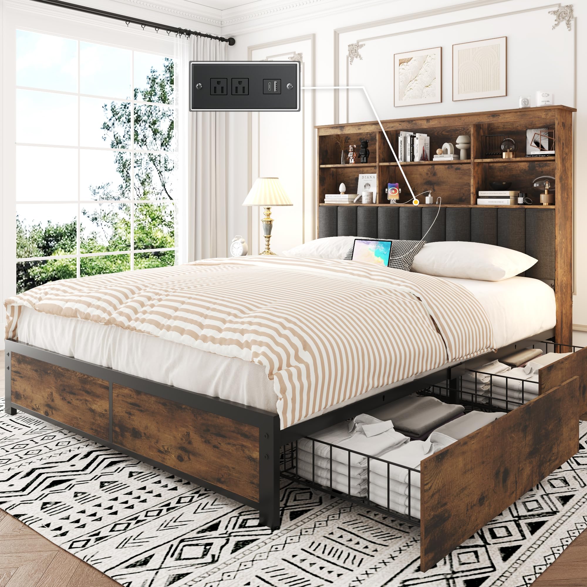 Lifezone Queen Bed Frame with Storage Headboard, Wooden Bed Frame with 50.5" Bookcase Headboard, 4 Storage Drawers & Charging Station, No Box Spring Needed/Noise Free/All-Metal Support, Vintage Brown