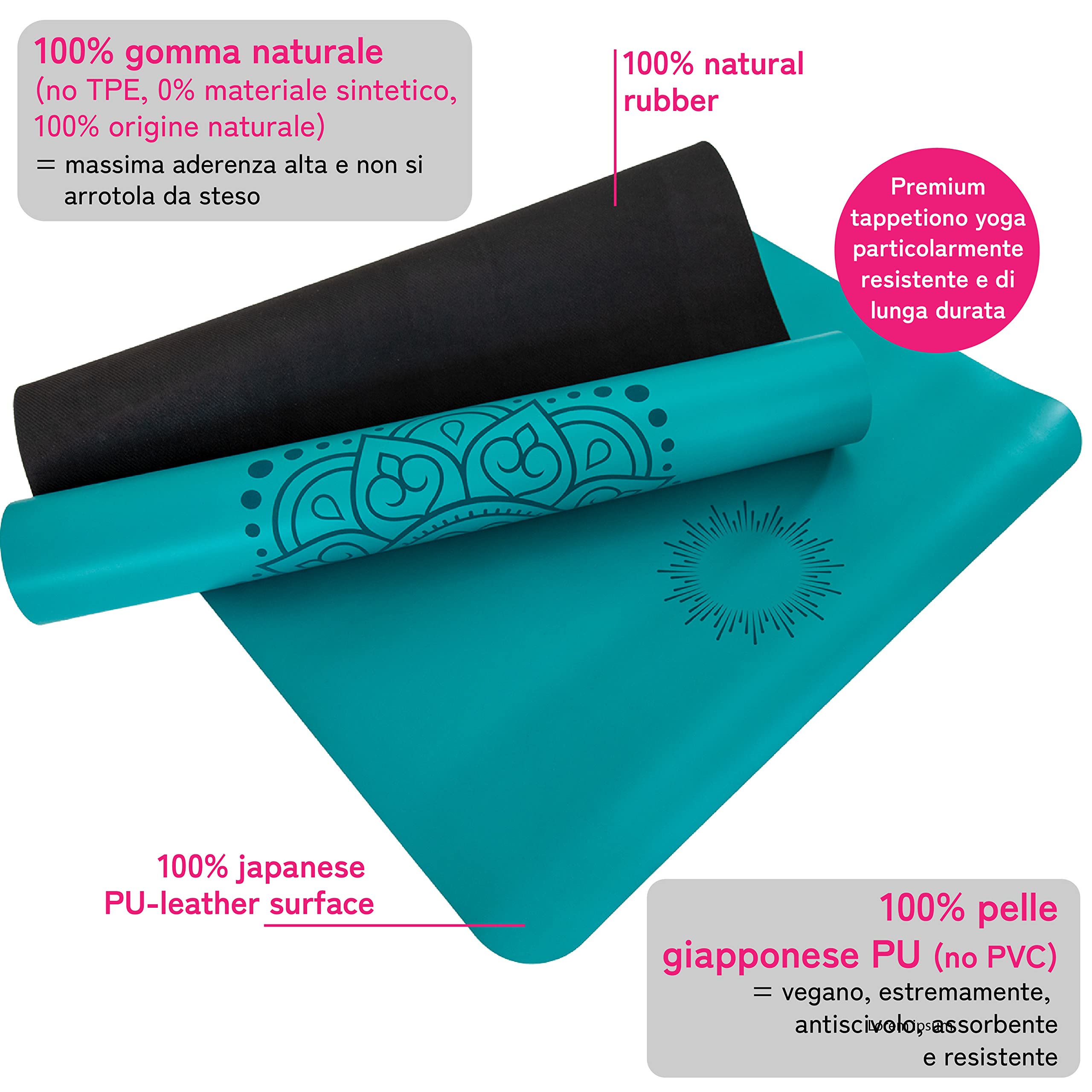 Tappetino yoga: superficie antiscivolo in vera gomma naturale e massima aderenza, tappeto yoga extra largo, lungo e spesso (185x68x0,45cm), cinghia di trasporto, tappetino pilates, yoga mat