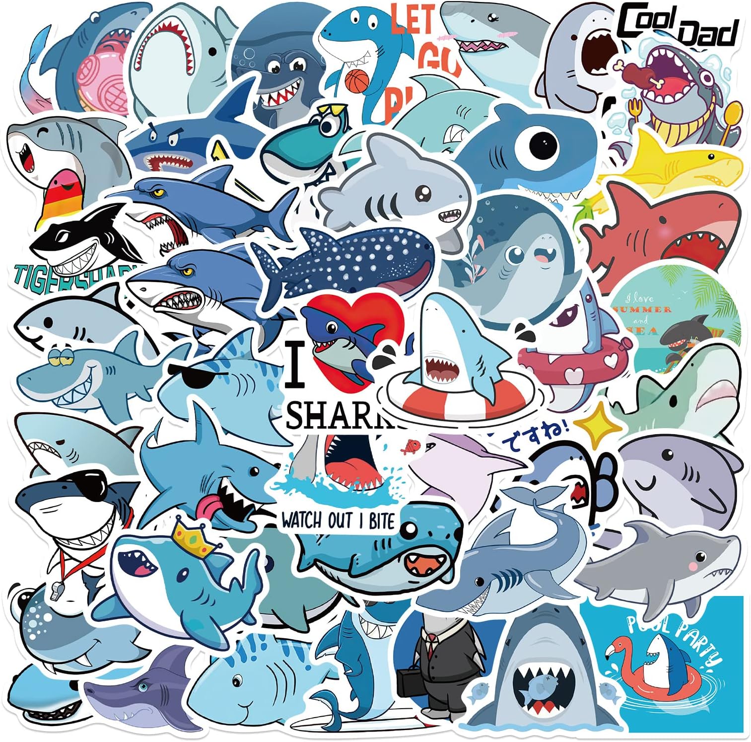 Cute Shark Waterproof Stickers for Kids Boys Teens Adults, 50Pcs Cool Shark Vinyl Stickers Pack for Water Bottle, Laptop, Scrapbook, Guitar, Blue Ocean Animal Decals, Party Supplies