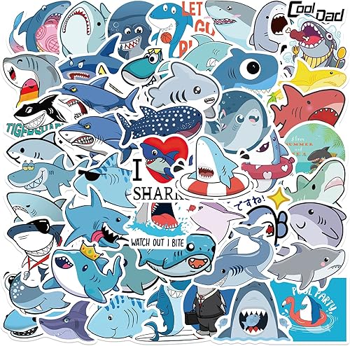 Miniatura 1 de Lindas calcomanías de tiburón para niños, paquete de 50 calcomanías de tiburón oceánico, paquete de 50 calcomanías impermeables de vinilo de FDCcX