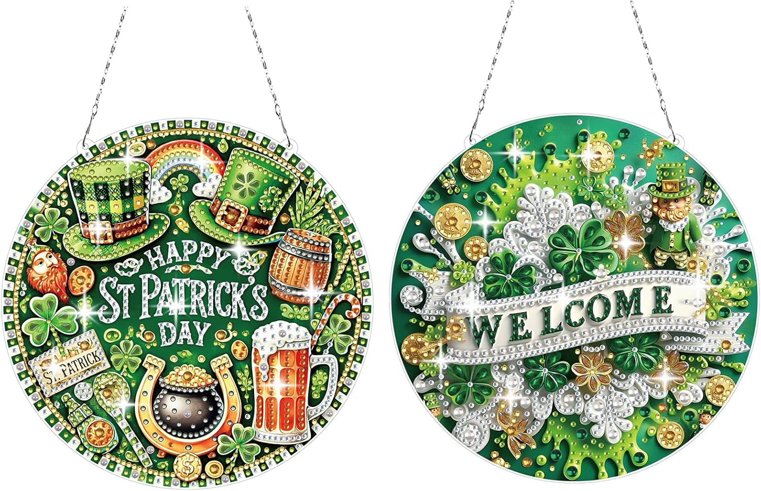 BAYUNOE 2Pcs DIY Hanging Diamond Art Painting Pendant Round St. Patrick's Day Special Shaped Crystal Single Sided Diamond Ornament for Window Garden Wall Door Home Decor-01