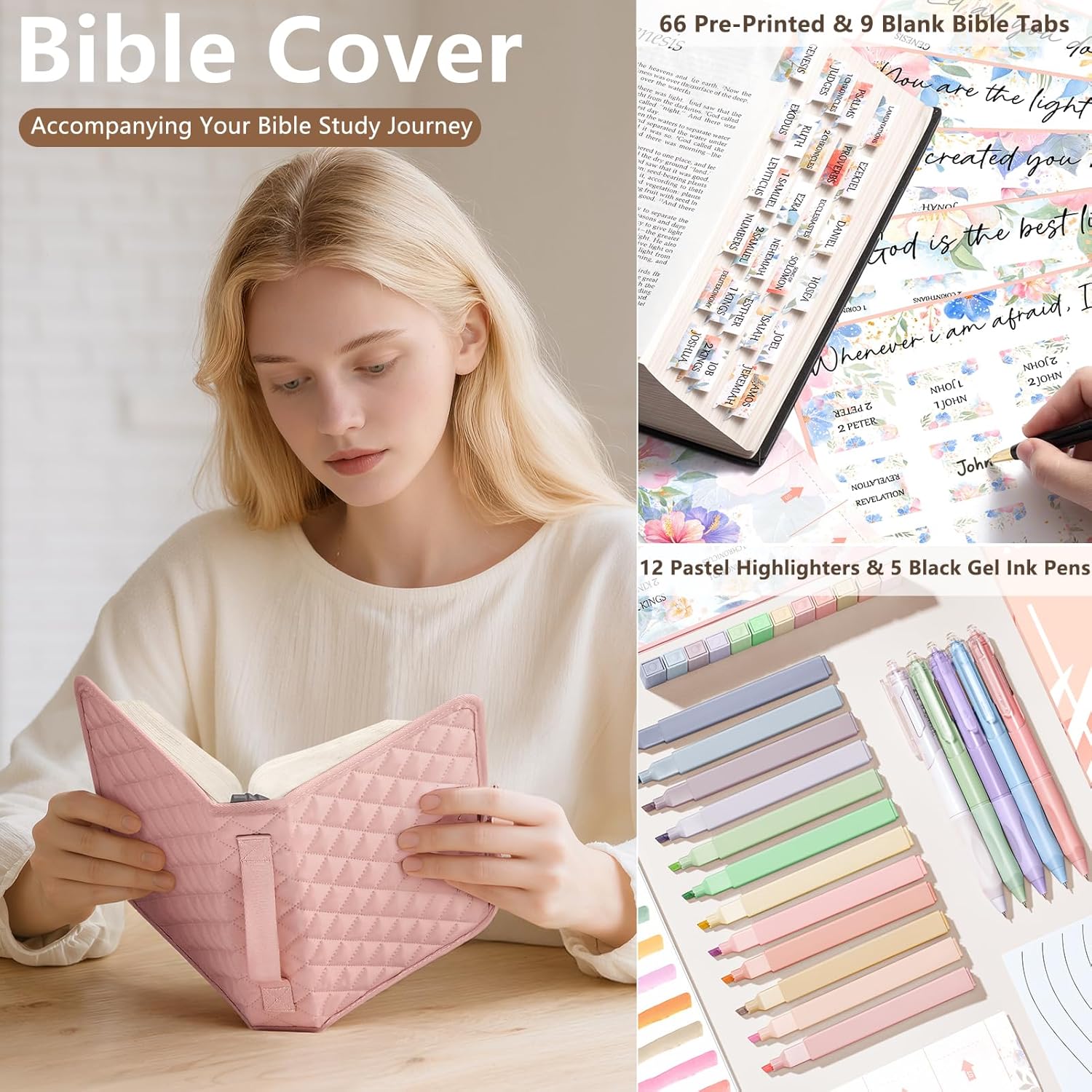 Large Bible Bag with Bible Cover Case for Women, Quilted Church Tote Bag Carrying Case w/Shoulder Strap, Bible Study Supplies Journaling Kit Accessories Easter Mothers Day Christian Gift for Women Mom