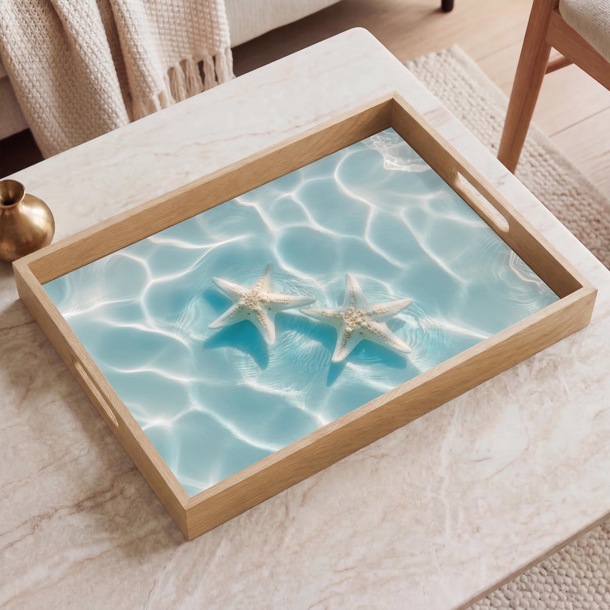 Serviertablett Rechteckig 50x35 cm Servierplatte Eiche Holz Tablett Mit Henkel Tray Kratzfest Kaffeetablett Tabletts Teetablett Seesterne - Gewelltes Wasser - Beruhigend