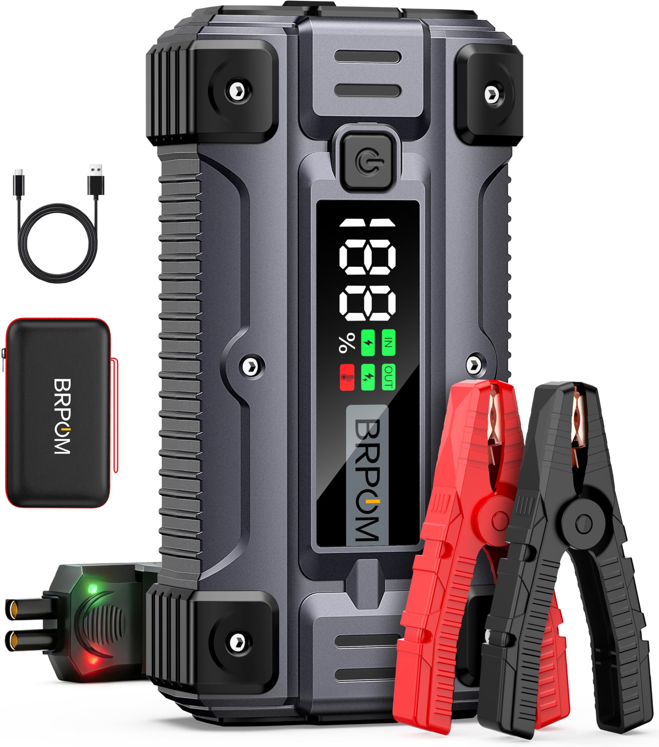 BRPOM Starthilfe Powerbank für Pkw mit Kompressor 160PSI,8000A 26800mAh Auto Starthilfe Powerbank für All Benzin und 12.0L Dieselmotor,Starter Powerbank Eingang/Ausgang und 600LUM LED-Licht