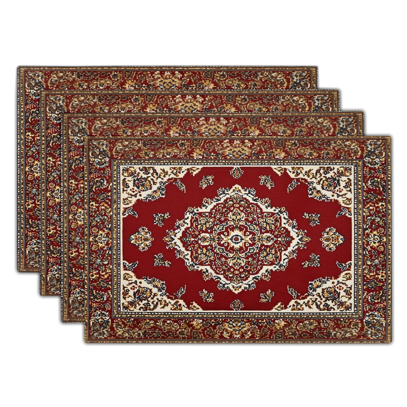 Giwawa Juego de 4 manteles individuales étnicos bohemios de 12 x 18 pulgadas, diseño tribal antiguo, rústico, rojo, floral, alfombra de granja, resistente a las manchas, lavable, de lino, para cocina,