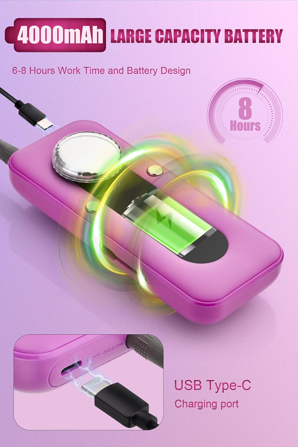 Image showing the Groyal nail drill main unit with a battery icon indicating a full charge and a USB Type-C charging port.