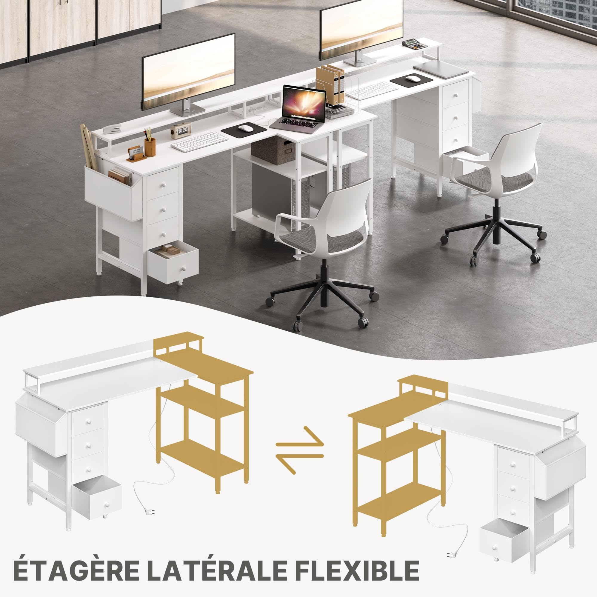 Abician Bureau d'angle Réversible, 140x68cm, avec Port De Charge USB, Blanc