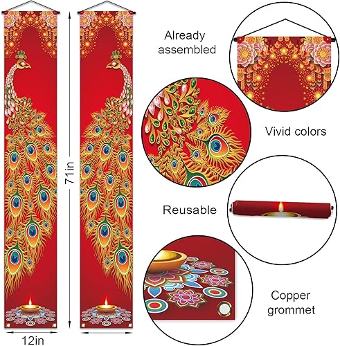 Miniatura 3 de Nepnuser Cartel de feliz Diwali para porche, pavo real, festival indio de luces, decoración de fiesta, letrero de bienvenida hindú Deepavali para