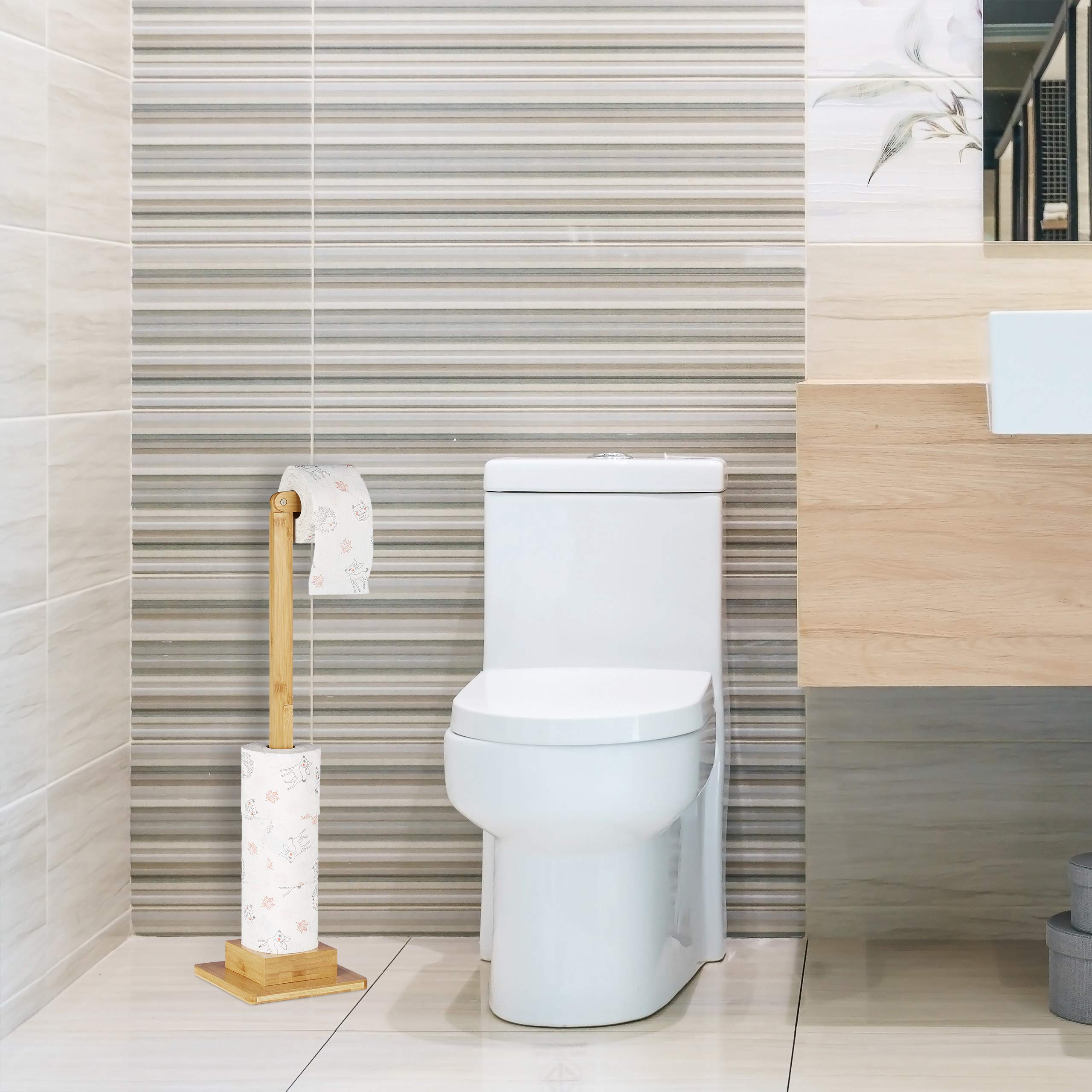 Relaxdays Piantana Portarotoli in Bambù, HxLxP: 71,5x23,5x19 cm, Supporto Autoportante per 5 Rotoli di Scorta, Naturale
